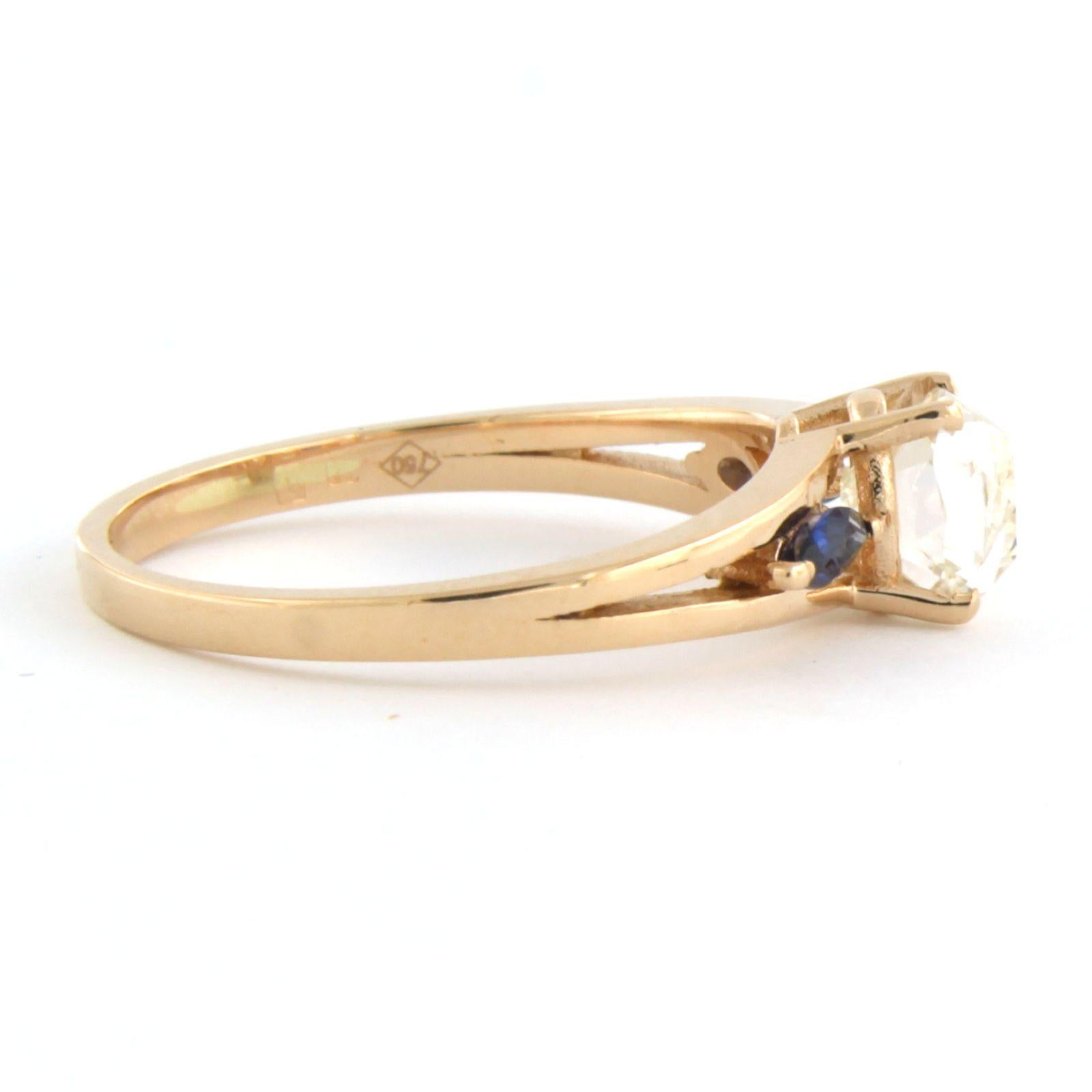 Three stone ring with sapphire and old mine cut diamond up to 1.03ct 18k gold For Sale 1