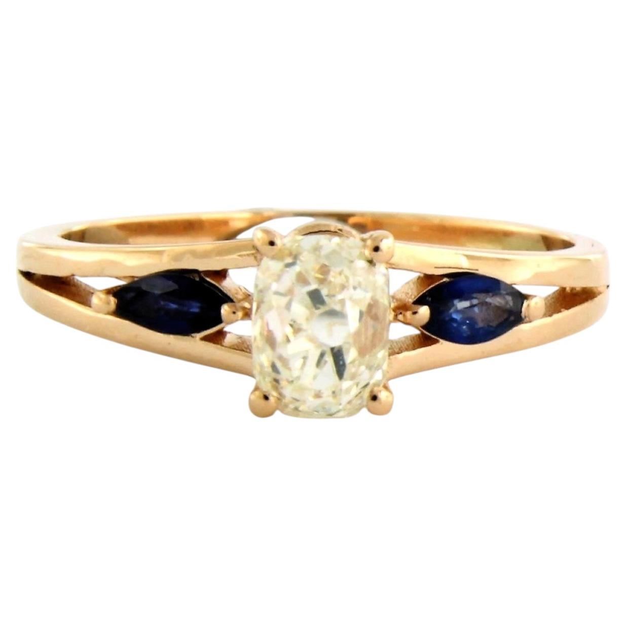 Three stone ring with sapphire and old mine cut diamond up to 1.03ct 18k gold