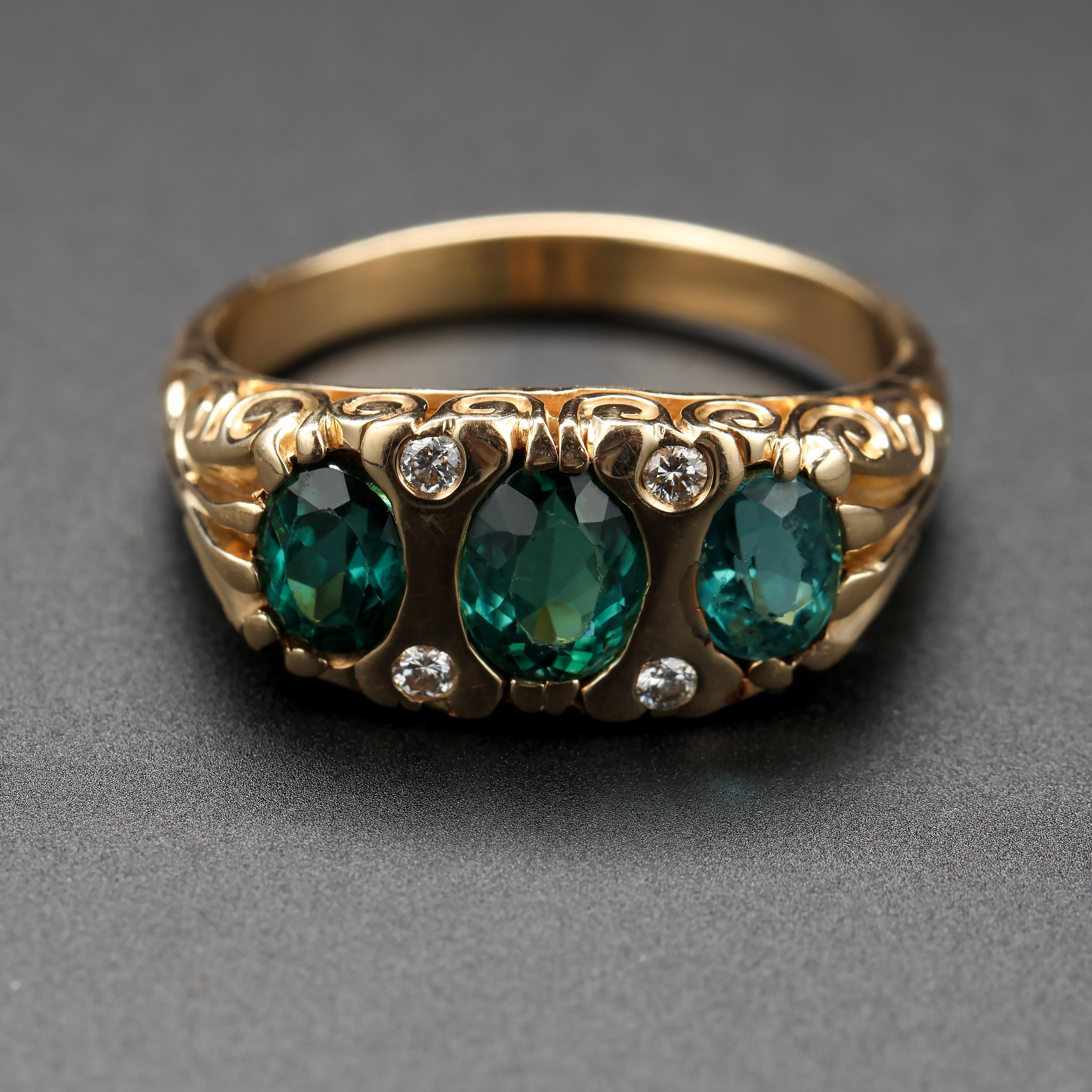 Victorian Three Stone Ring with Tourmaline and Diamonds Certified For Sale