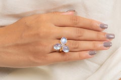 Three Stone Rose Moonstone Diamond Cocktail Ring in 18K Yellow Gold