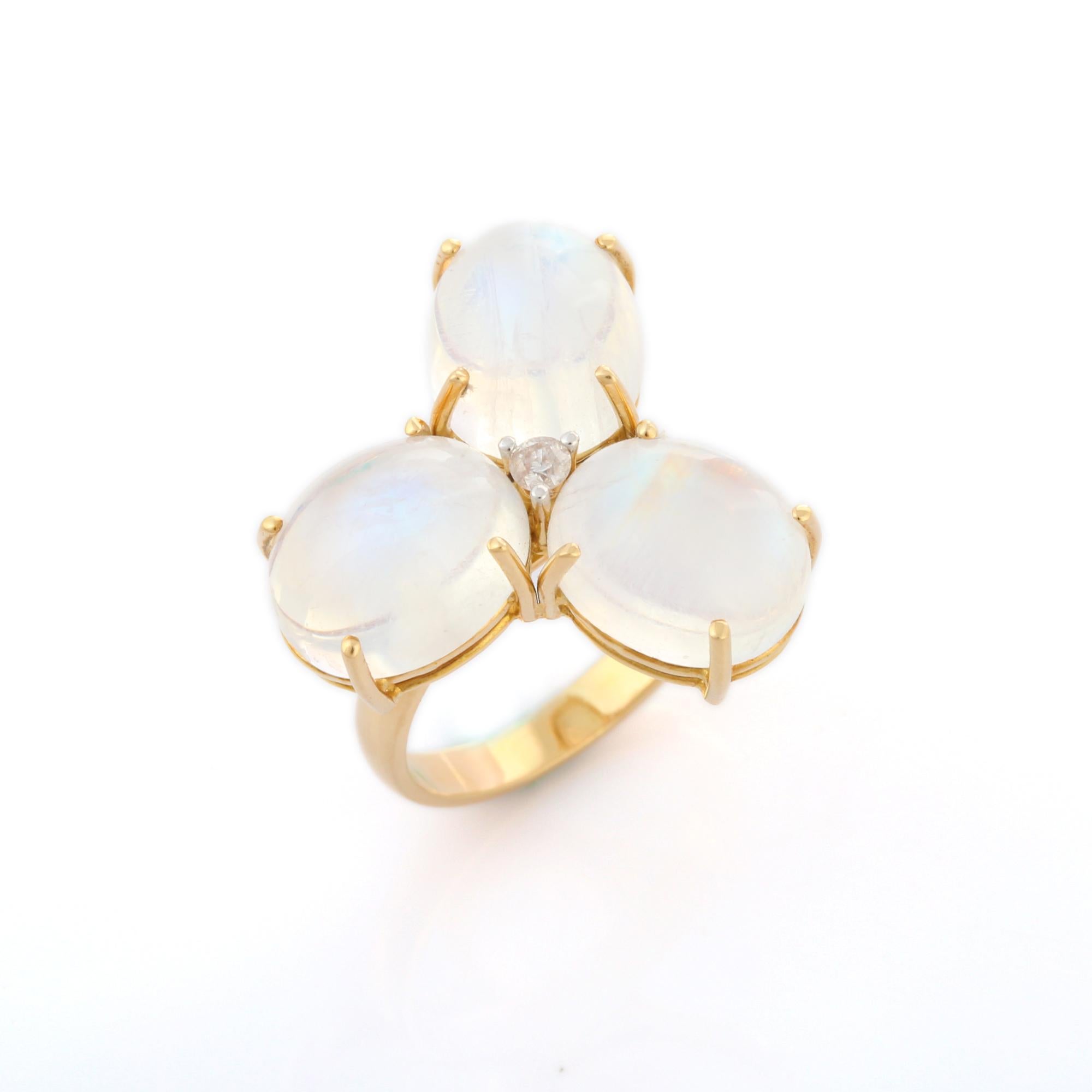 For Sale:  Three Stone Rose Moonstone Diamond Cocktail Ring in 18K Yellow Gold 6