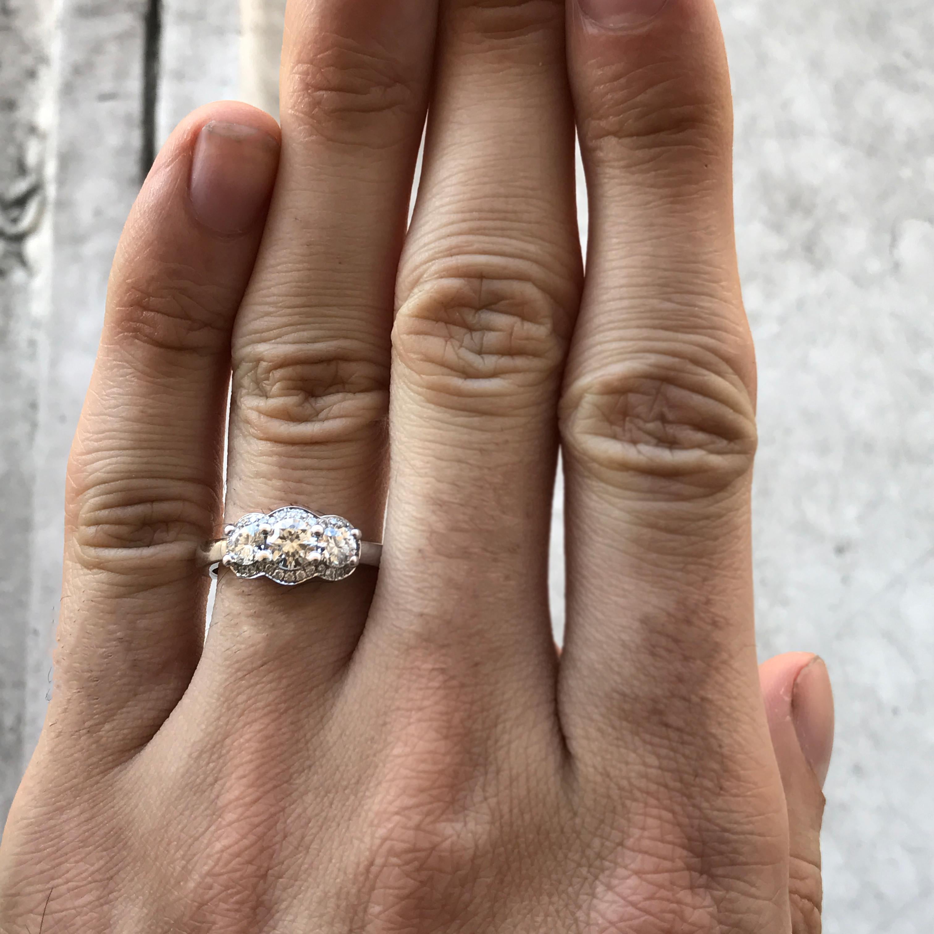 Modern Three-Stone Round Diamond Engagement Ring 14 Karat W, Ben Dannie For Sale