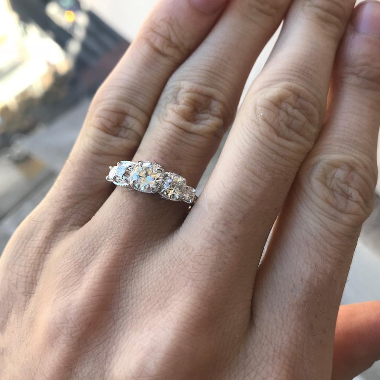Women's Three-Stone Round Diamond Engagement Ring 14 Karat W, Ben Dannie For Sale