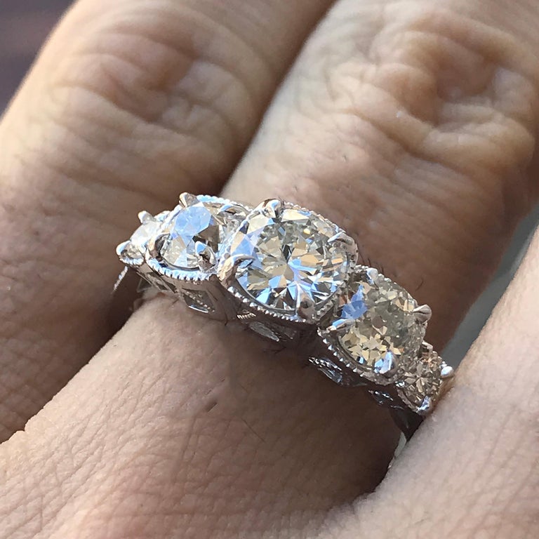 Three-Stone Round Diamond Engagement Ring 14 Karat W, Ben Dannie For Sale 1