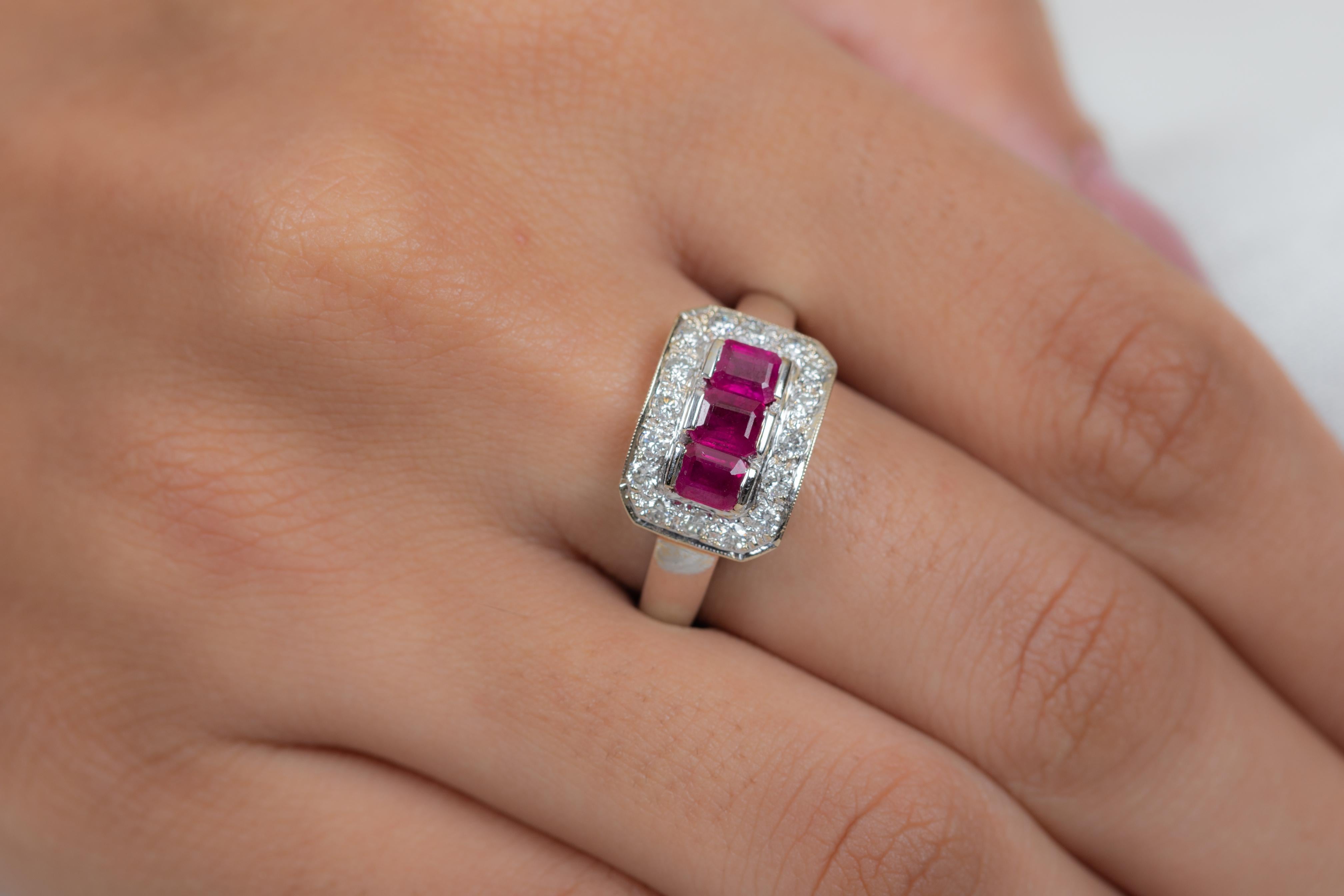 For Sale:  Three Stone Ruby and Clustered Diamond Engagement Ring in 18K White Gold 2