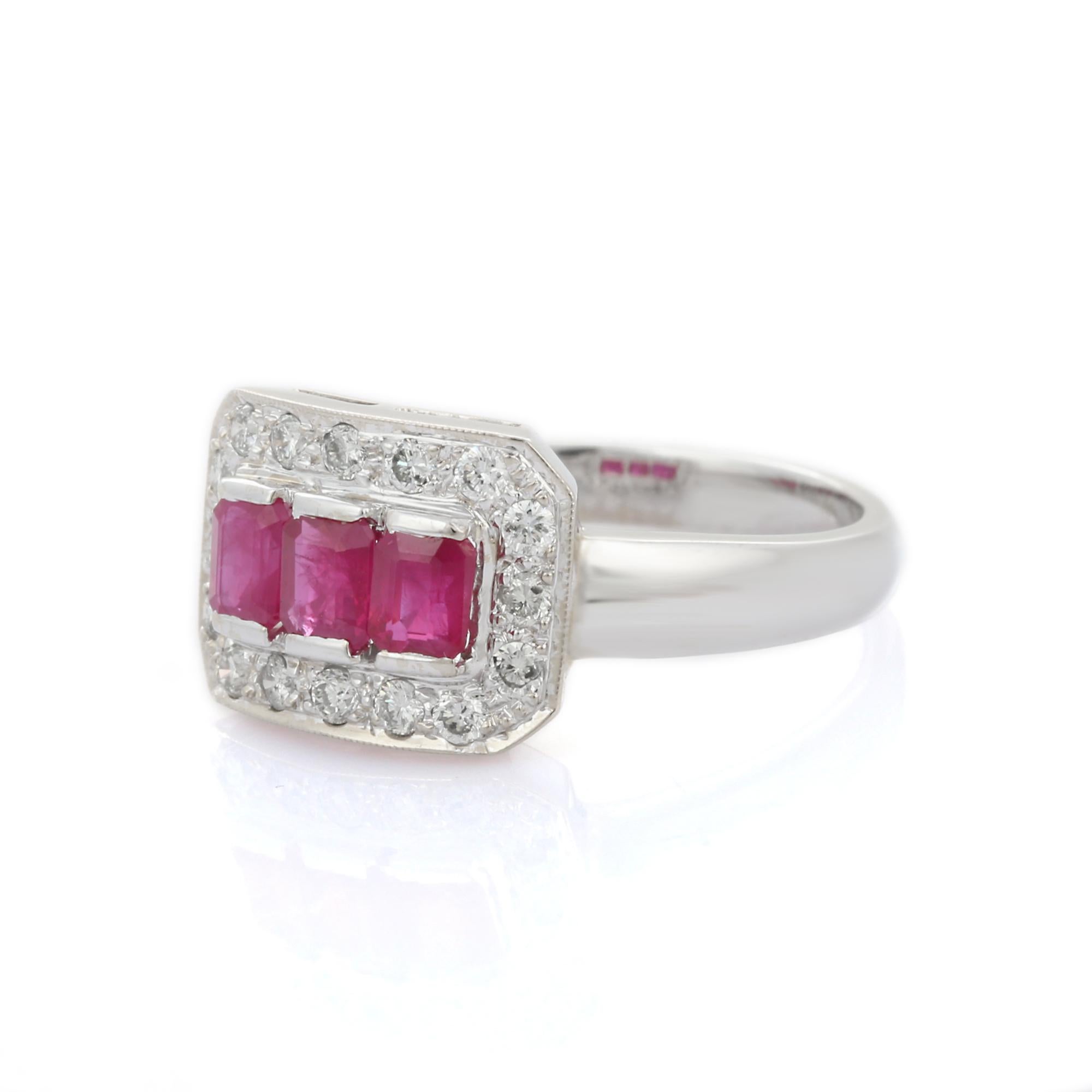 For Sale:  Three Stone Ruby and Clustered Diamond Engagement Ring in 18K White Gold 3