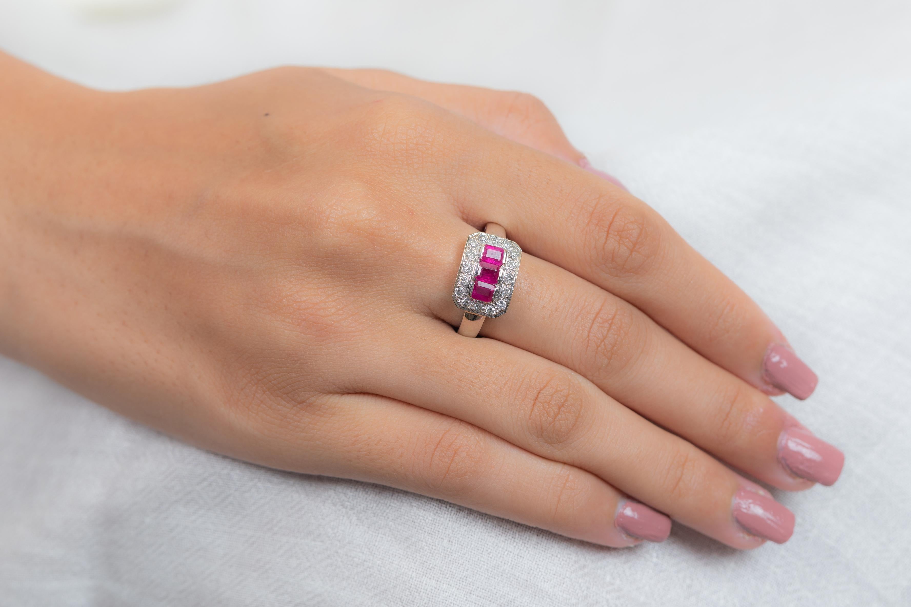 For Sale:  Three Stone Ruby and Clustered Diamond Engagement Ring in 18K White Gold 4