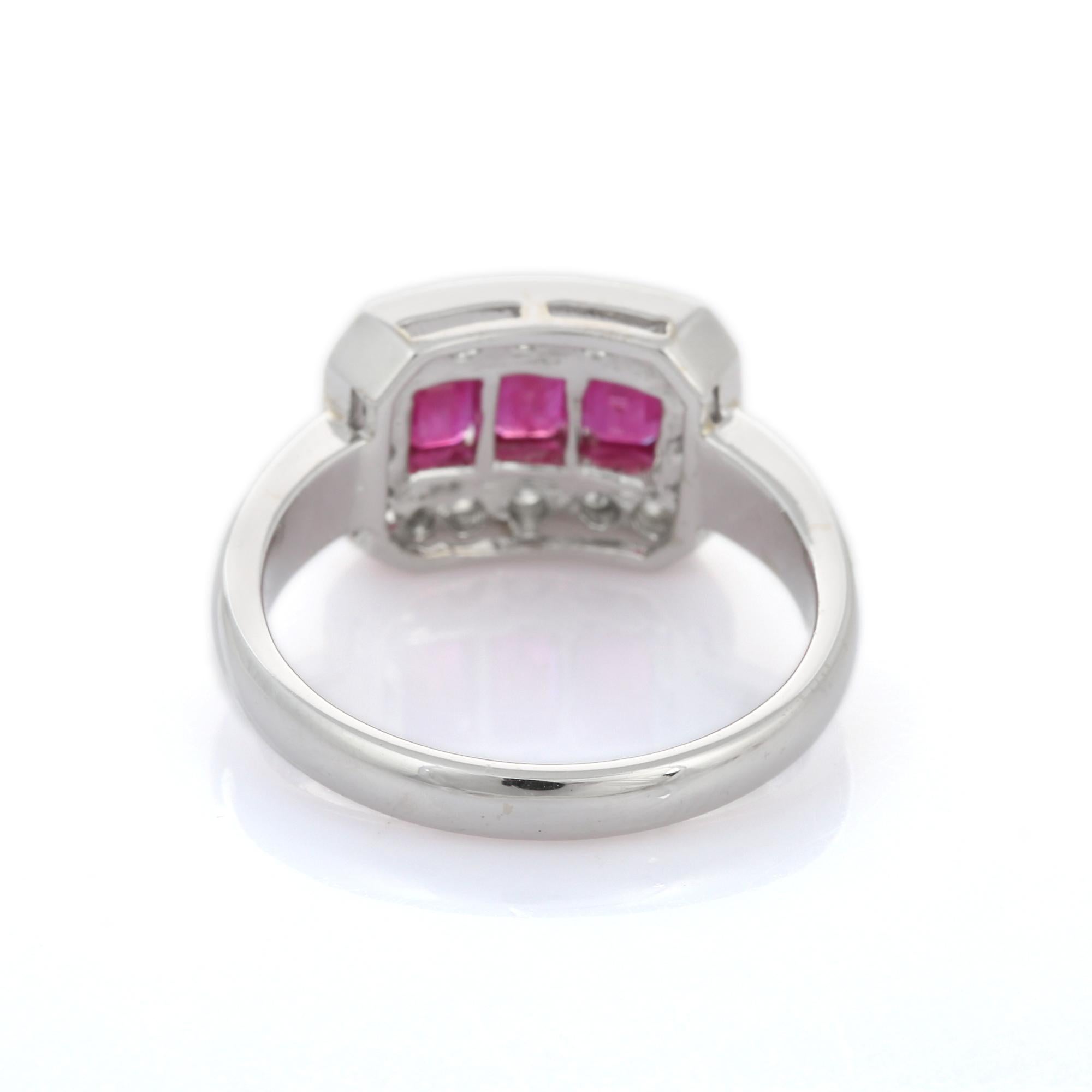 For Sale:  Three Stone Ruby and Clustered Diamond Engagement Ring in 18K White Gold 5