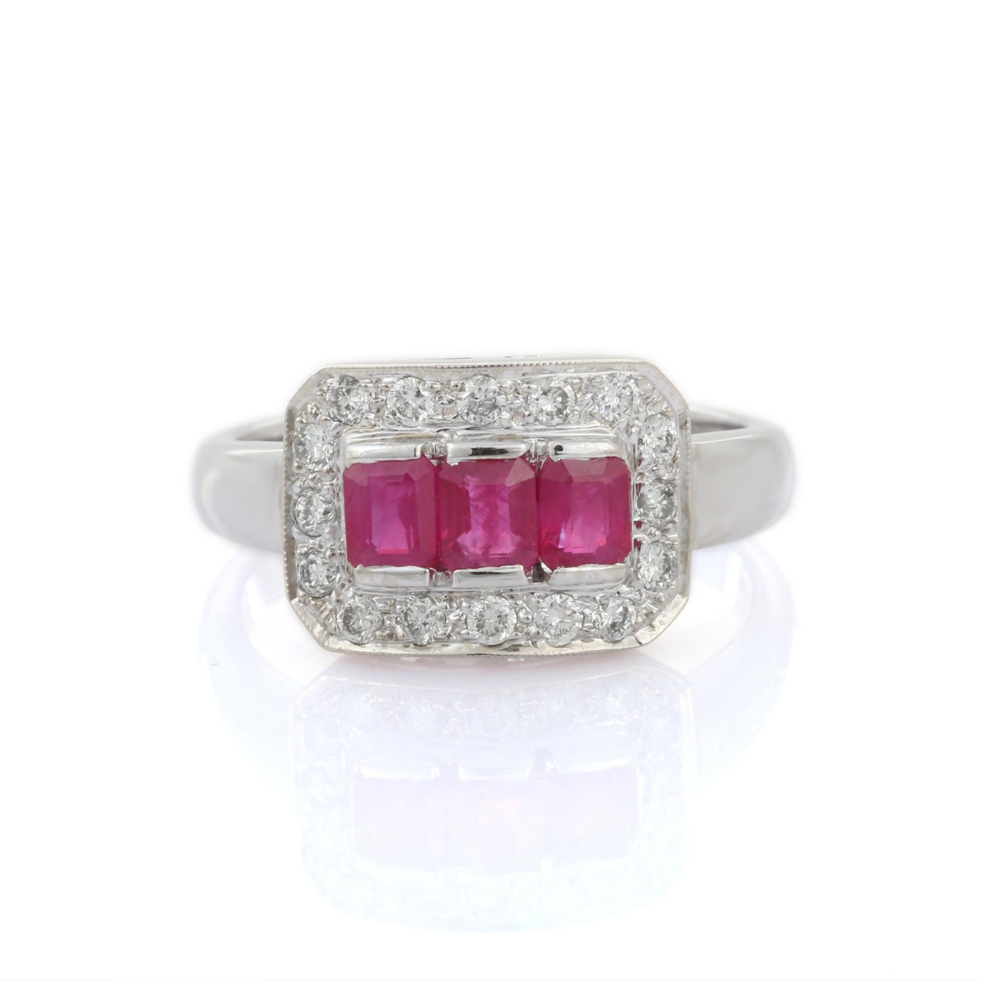 For Sale:  Three Stone Ruby and Clustered Diamond Engagement Ring in 18K White Gold 7