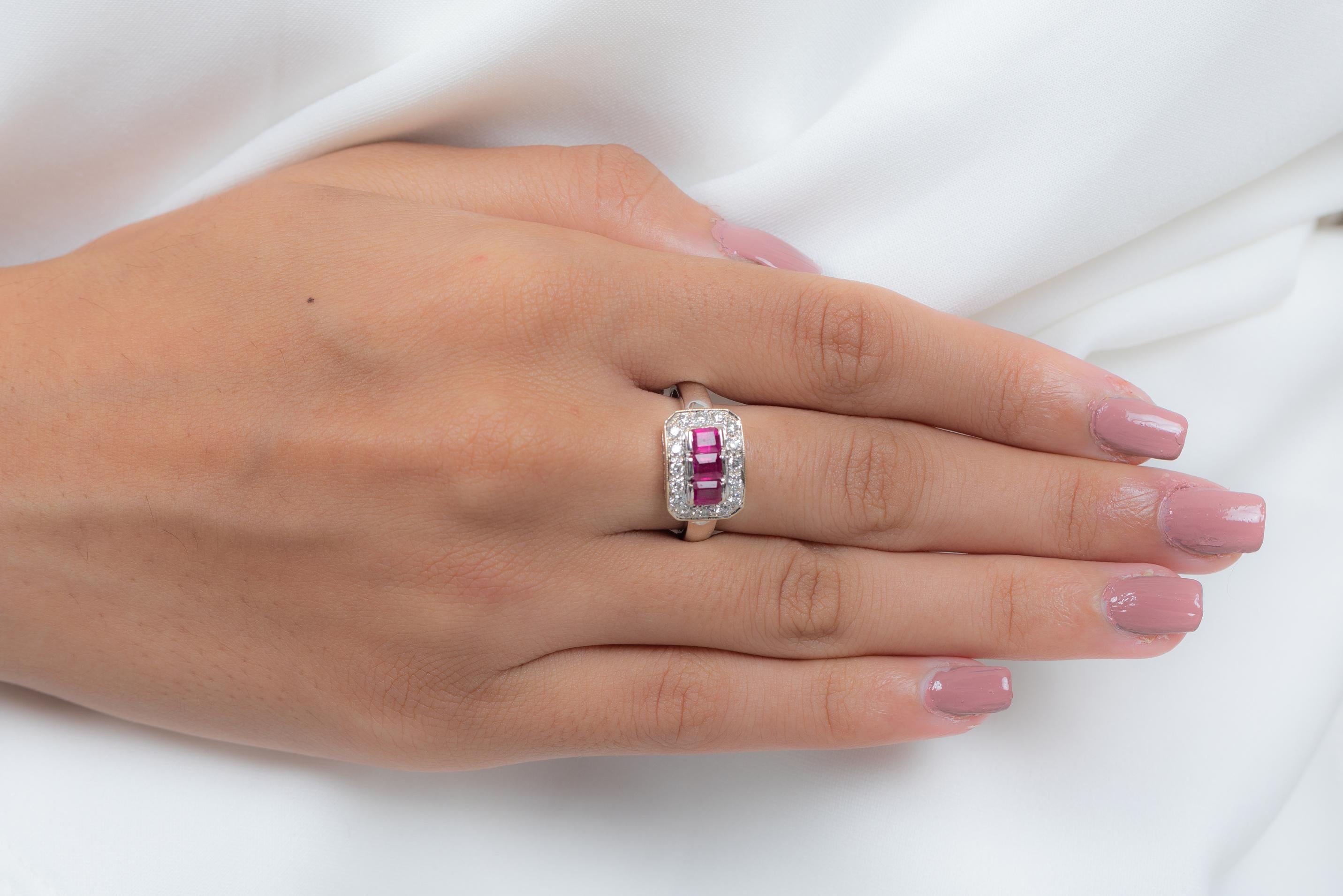 For Sale:  Three Stone Ruby and Clustered Diamond Engagement Ring in 18K White Gold 8