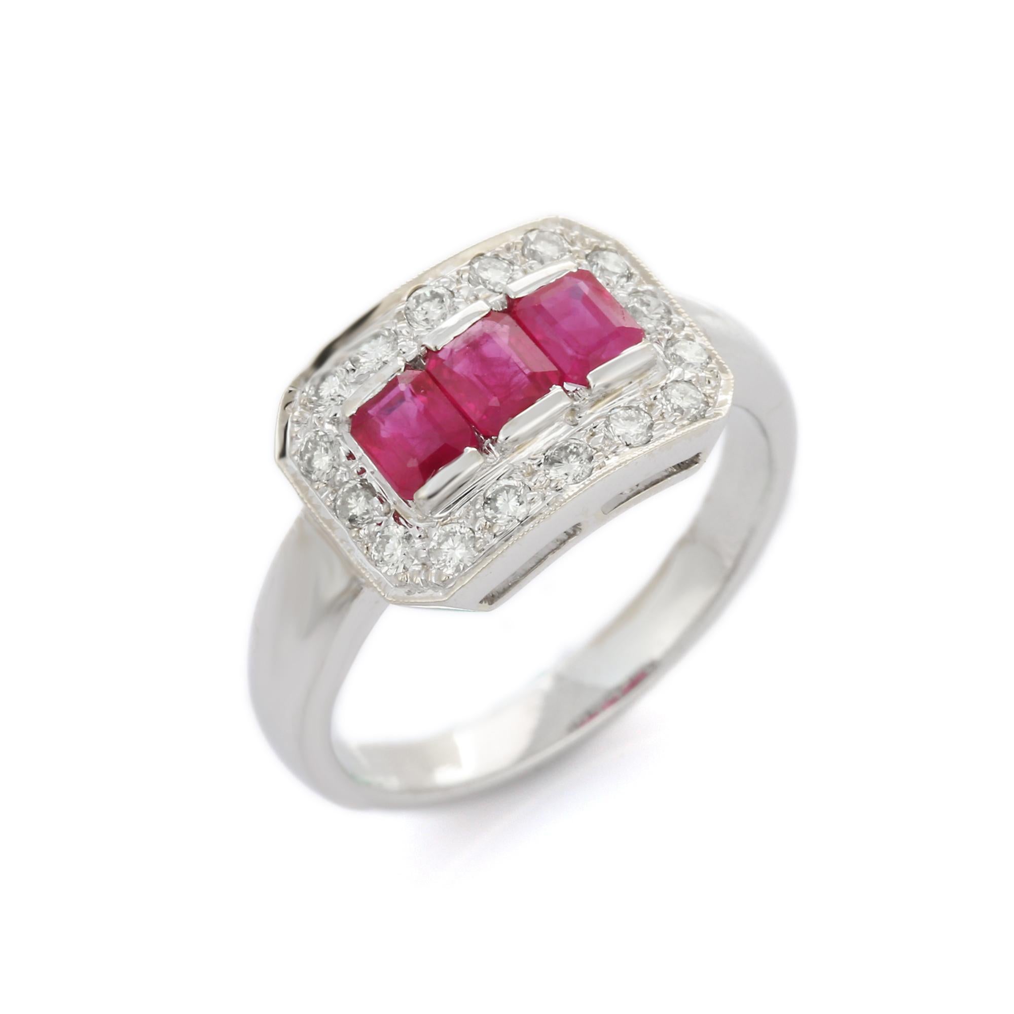 For Sale:  Three Stone Ruby and Clustered Diamond Engagement Ring in 18K White Gold 9