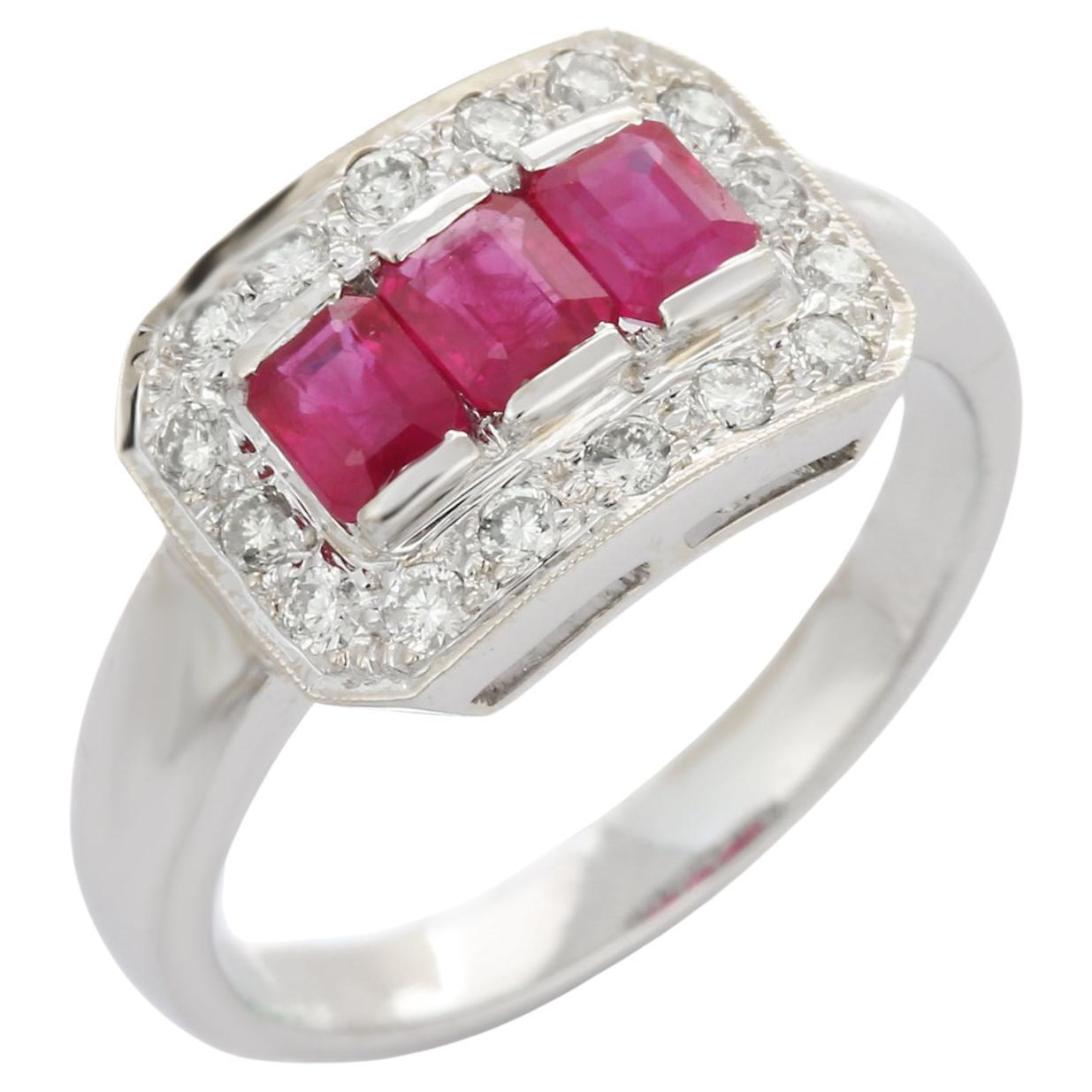 For Sale:  Three Stone Ruby and Clustered Diamond Engagement Ring in 18K White Gold