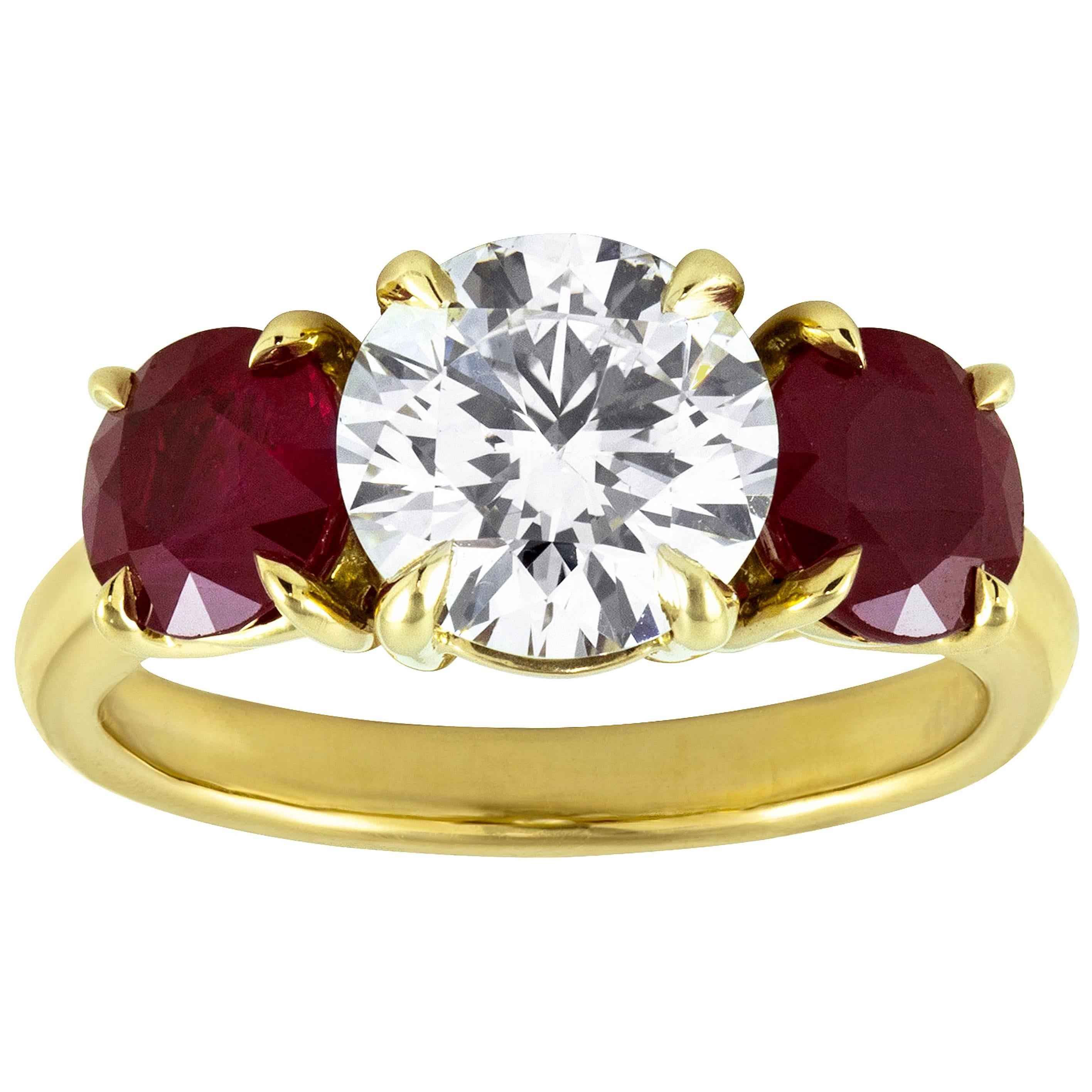 Three-Stone Ruby and Diamond Engagement Ring For Sale