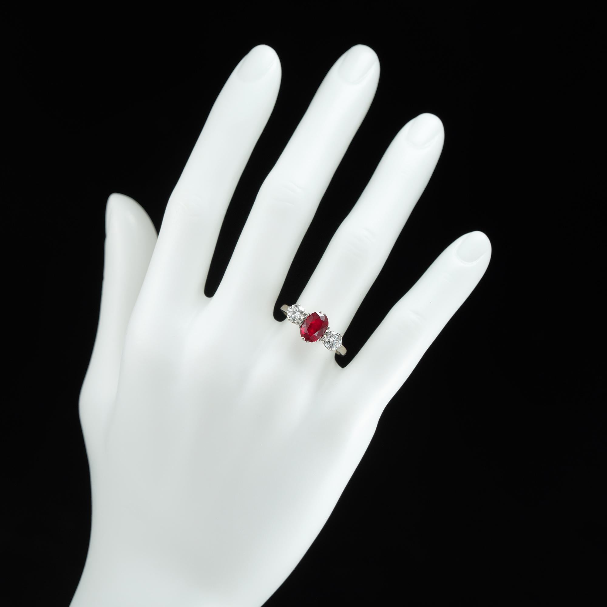 Oval Cut Three-Stone Ruby and Diamond Ring For Sale
