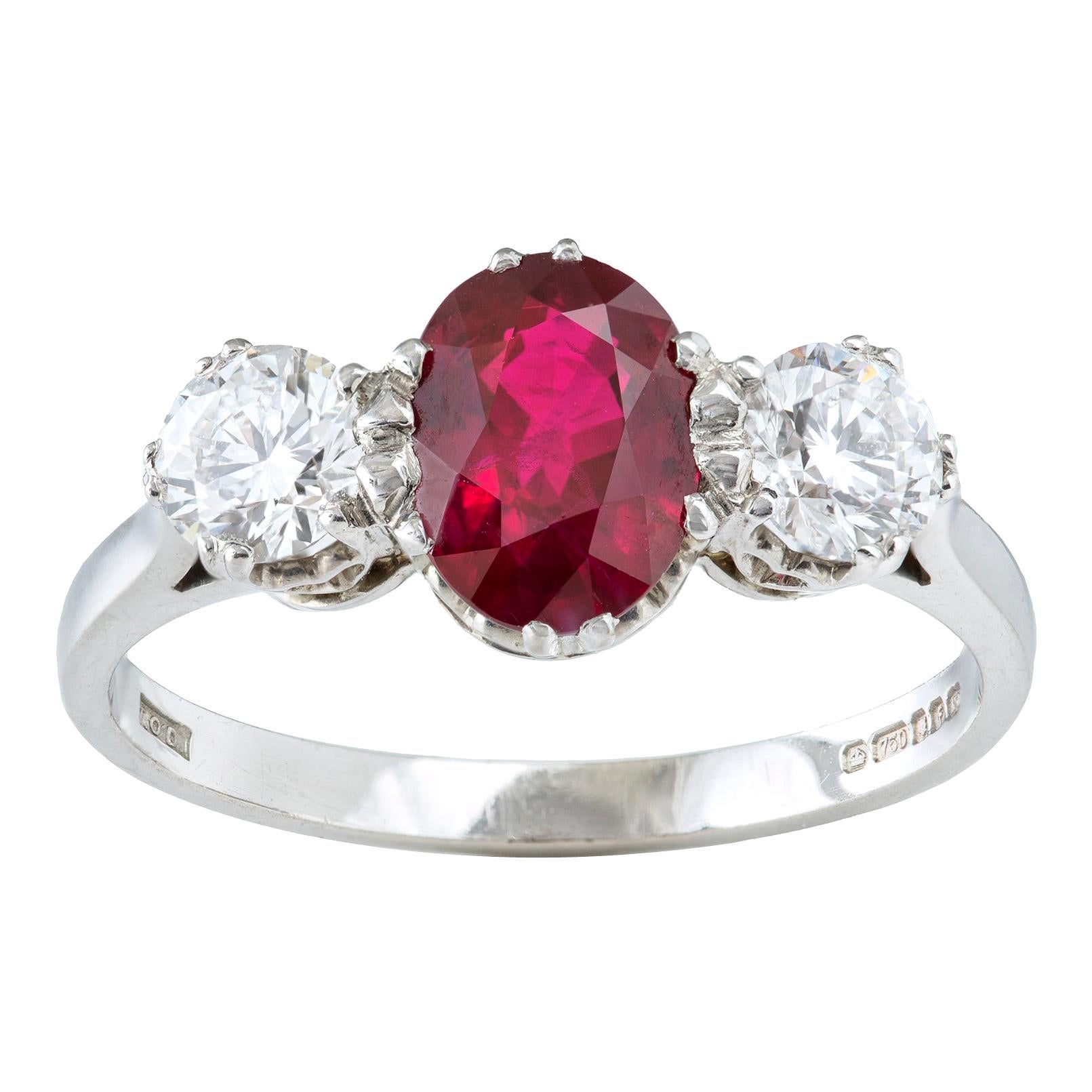 Three-Stone Ruby and Diamond Ring For Sale