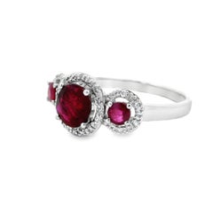 Three-Stone Ruby and Diamond Ring in 14K White Gold 1.22 CTTW Size 7