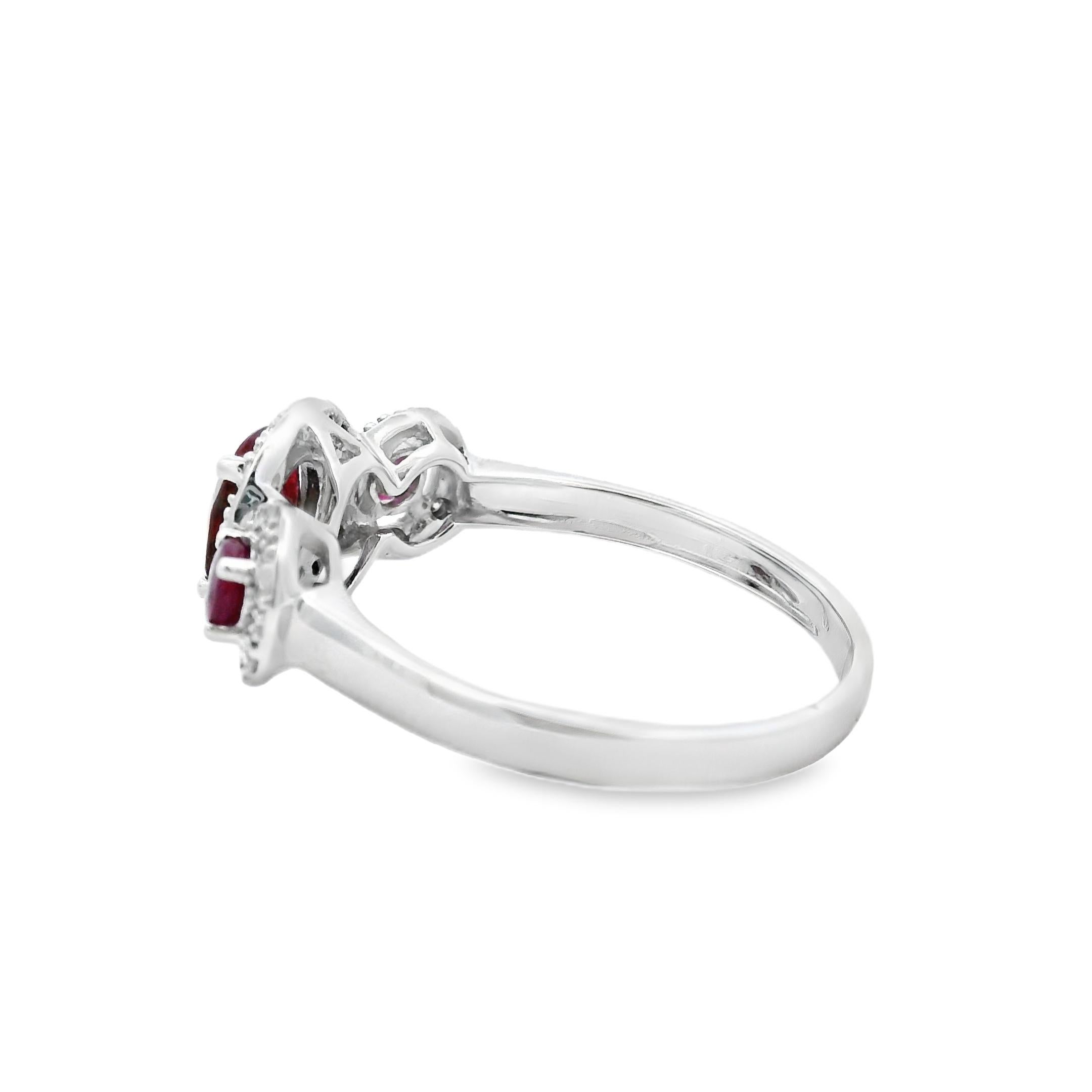 Contemporary Three-Stone Ruby and Diamond Ring in 14K White Gold 1.22 CTTW Size 7 For Sale