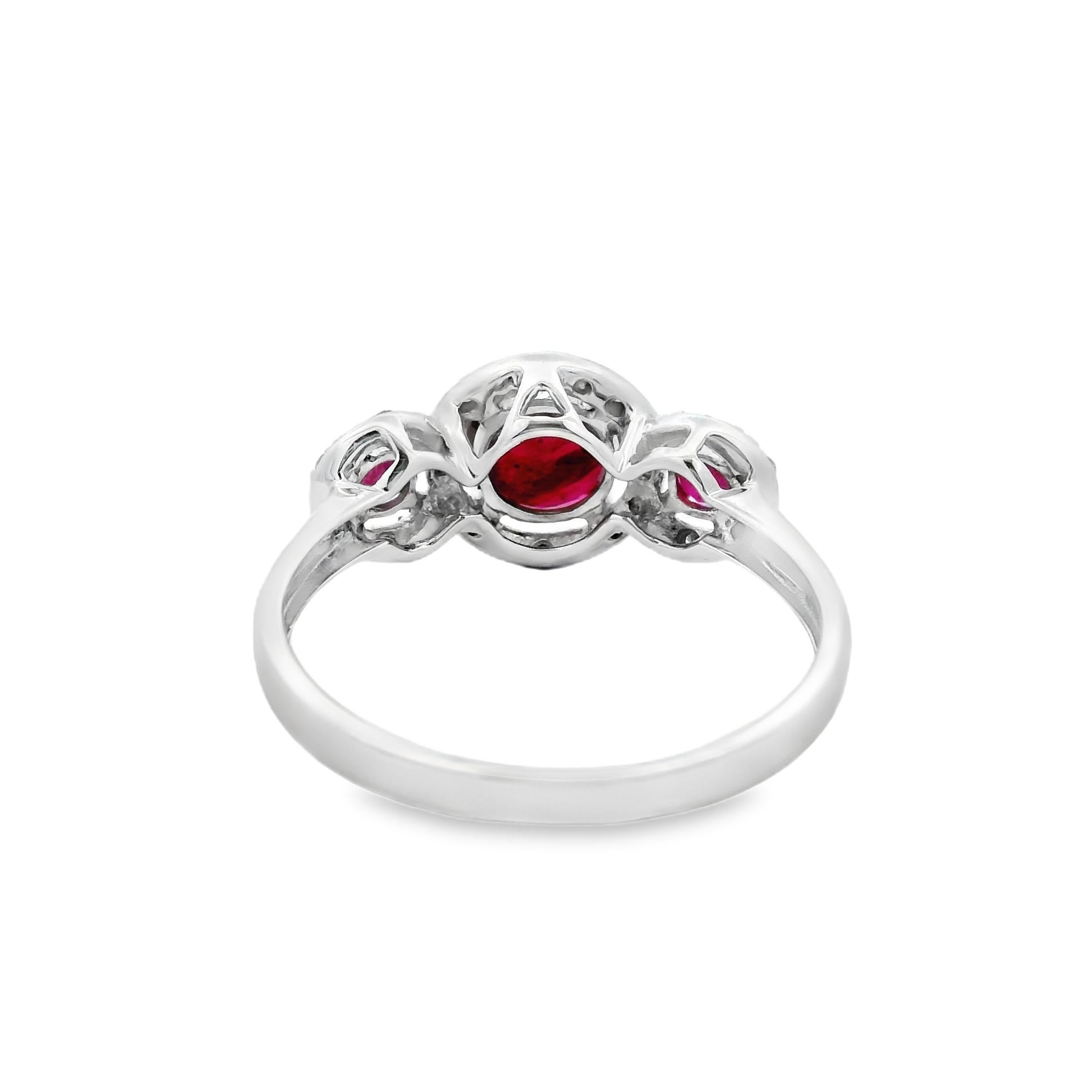 Round Cut Three-Stone Ruby and Diamond Ring in 14K White Gold 1.22 CTTW Size 7 For Sale