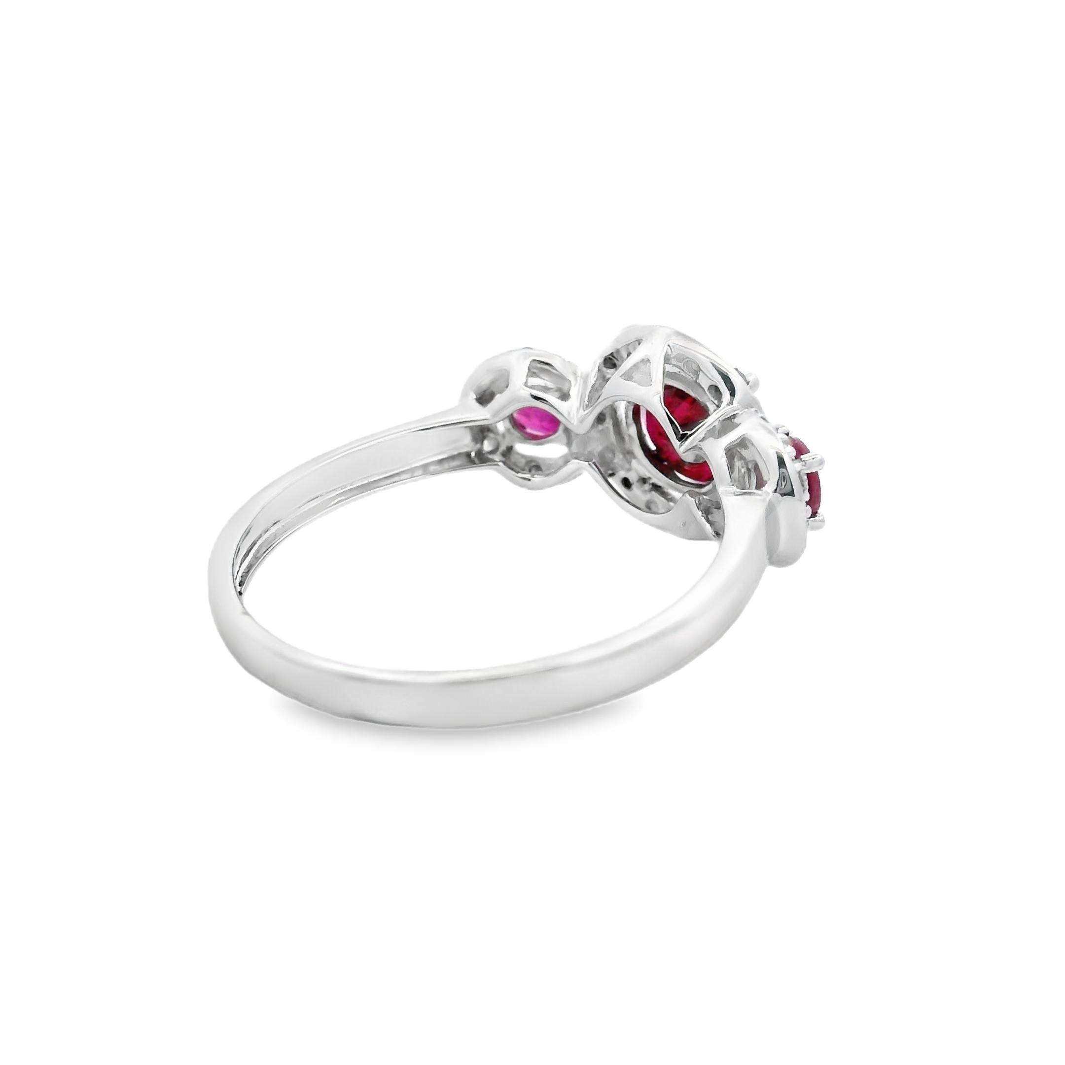 Three-Stone Ruby and Diamond Ring in 14K White Gold 1.22 CTTW Size 7 In New Condition For Sale In New York, NY