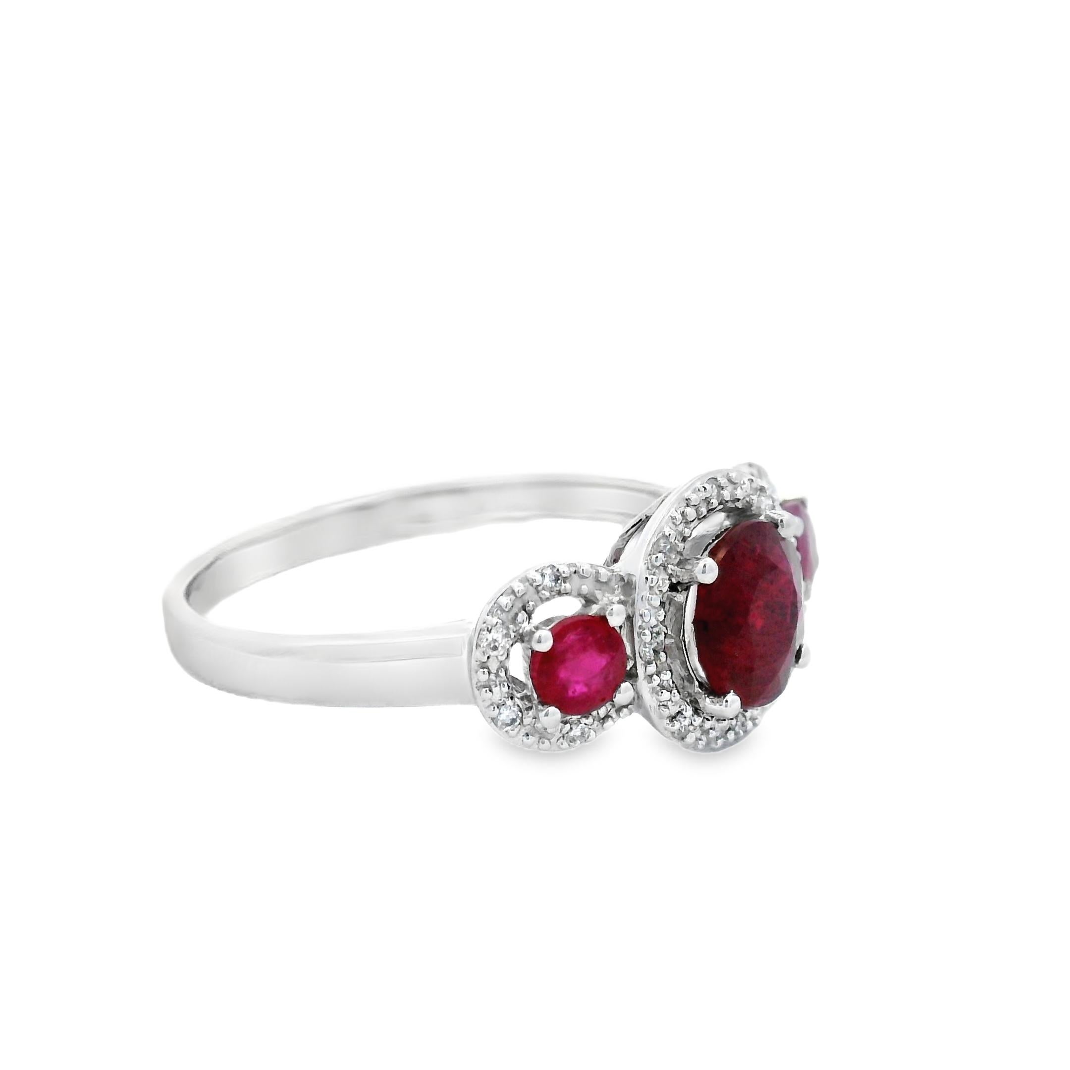 Women's Three-Stone Ruby and Diamond Ring in 14K White Gold 1.22 CTTW Size 7 For Sale