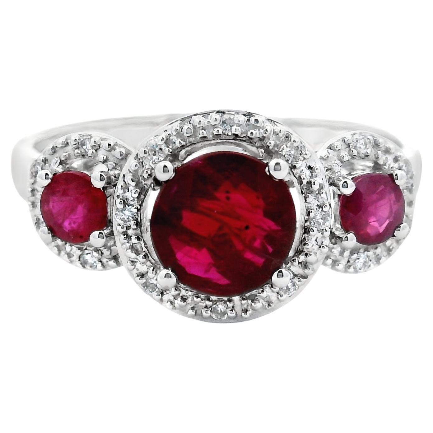 Three-Stone Ruby and Diamond Ring in 14K White Gold 1.22 CTTW Size 7 For Sale