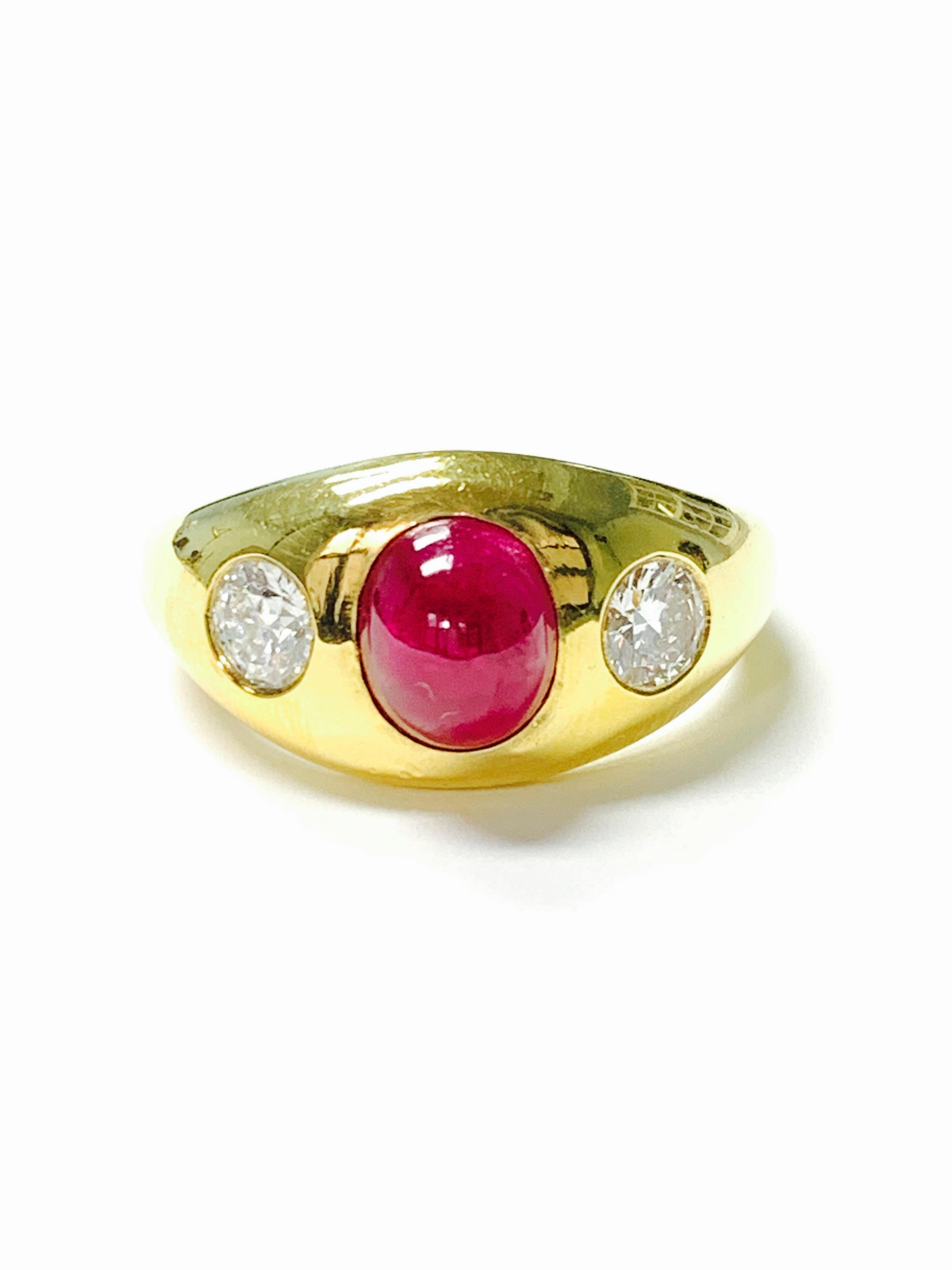 Three stone ruby and diamond ring handcrafted in 14k yellow gold. 
The details are as follows : 
oval ruby weight : 2.63 carat 
diamond weight : 0.56 carat 
Metal : 14k yellow gold 
Measurements : 0.40