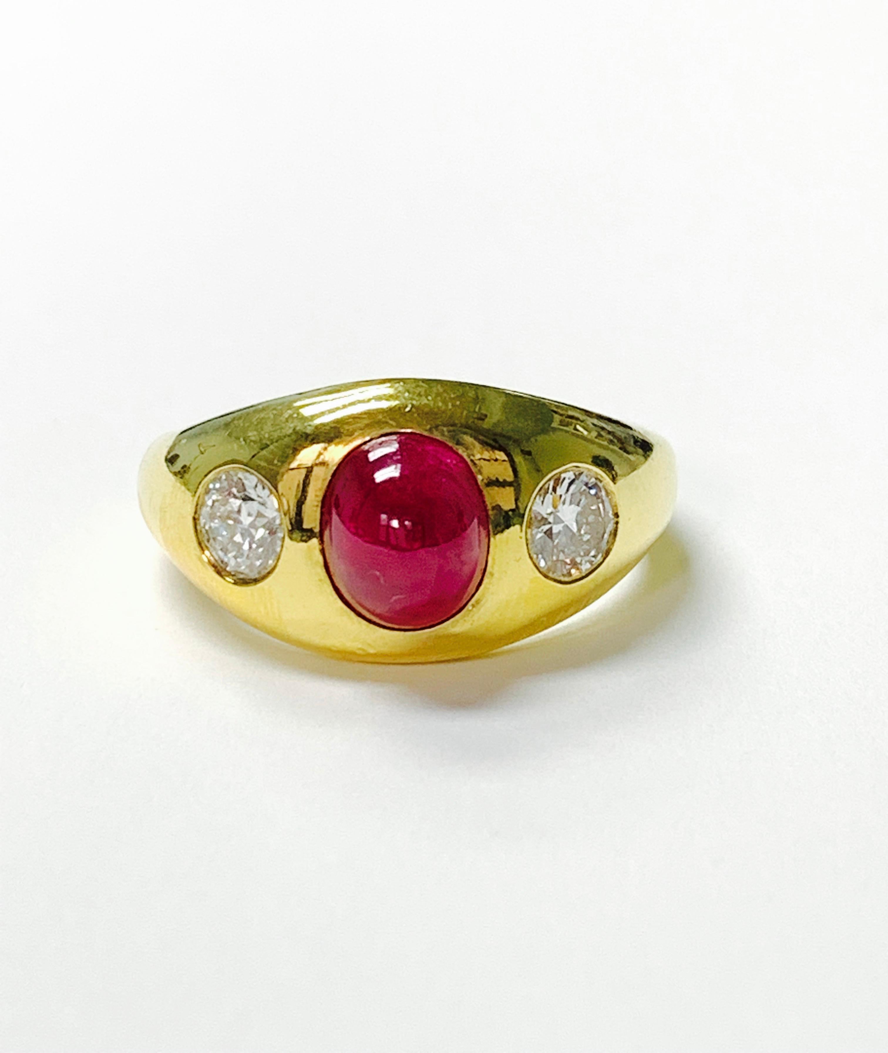 Contemporary Three-Stone Ruby and Diamond Ring in 14k Yellow Gold in 14k Gold For Sale