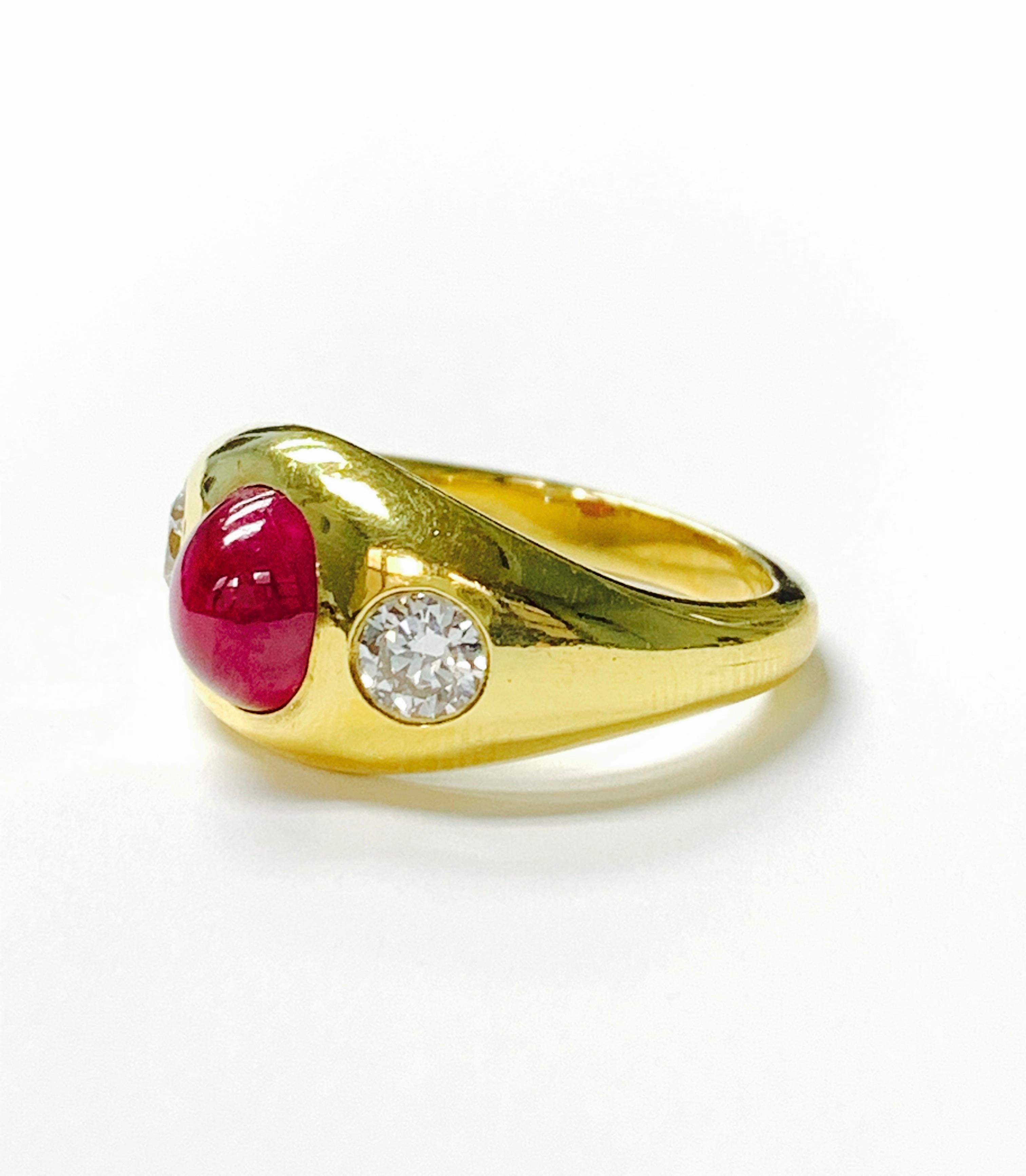 Oval Cut Three-Stone Ruby and Diamond Ring in 14k Yellow Gold in 14k Gold For Sale