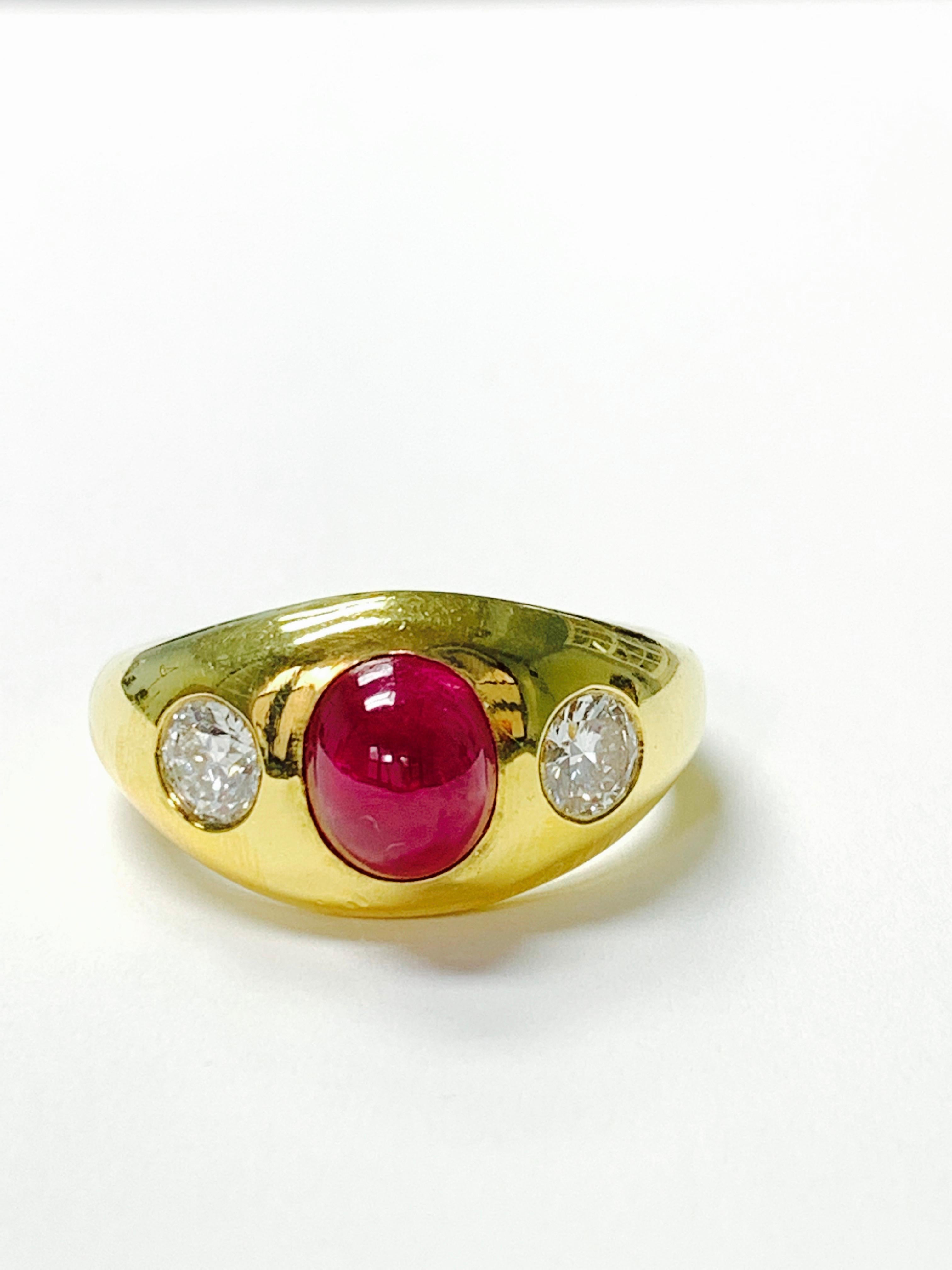 Women's or Men's Three-Stone Ruby and Diamond Ring in 14k Yellow Gold in 14k Gold For Sale