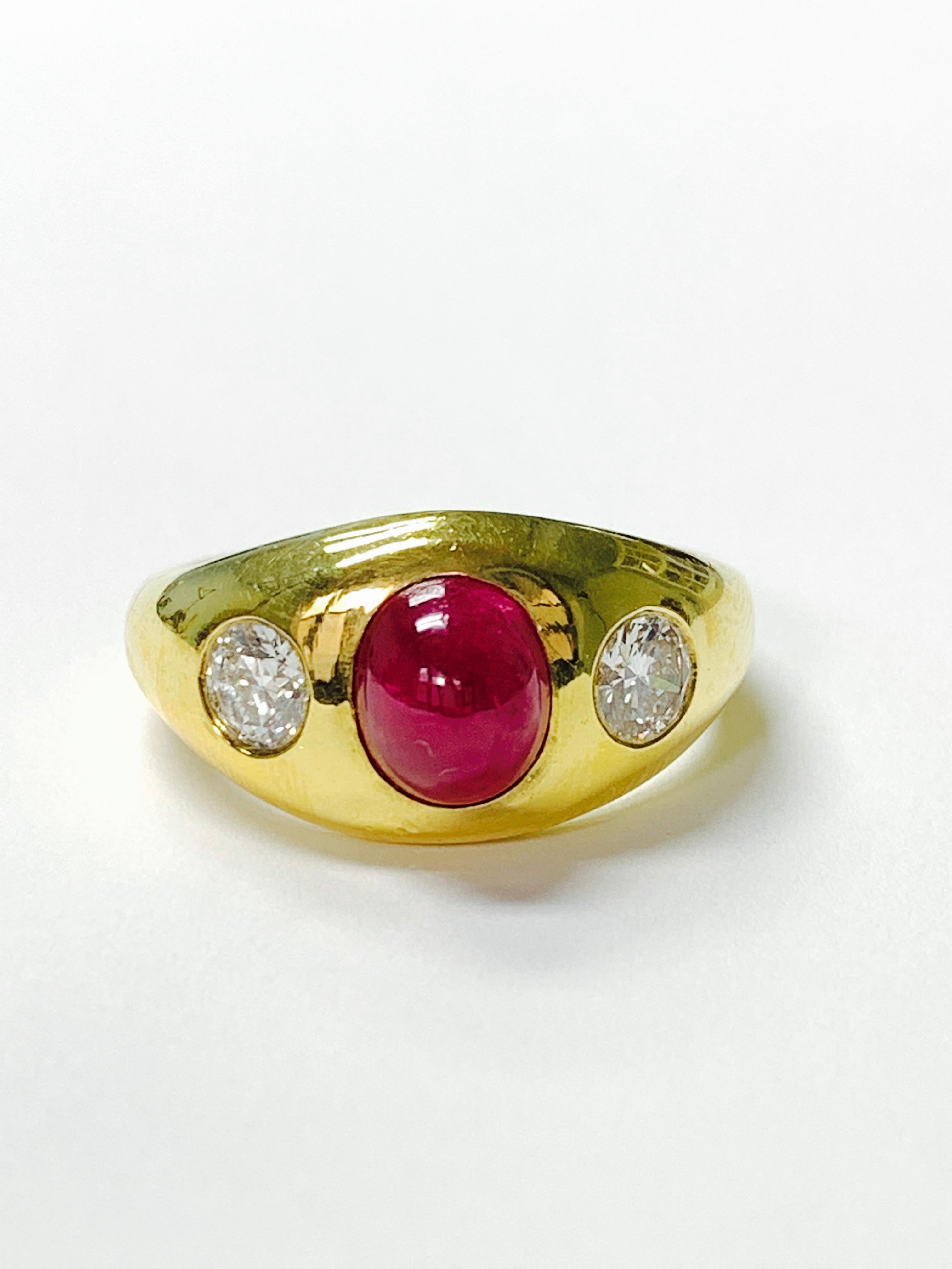 Three-Stone Ruby and Diamond Ring in 14k Yellow Gold in 14k Gold For Sale 2