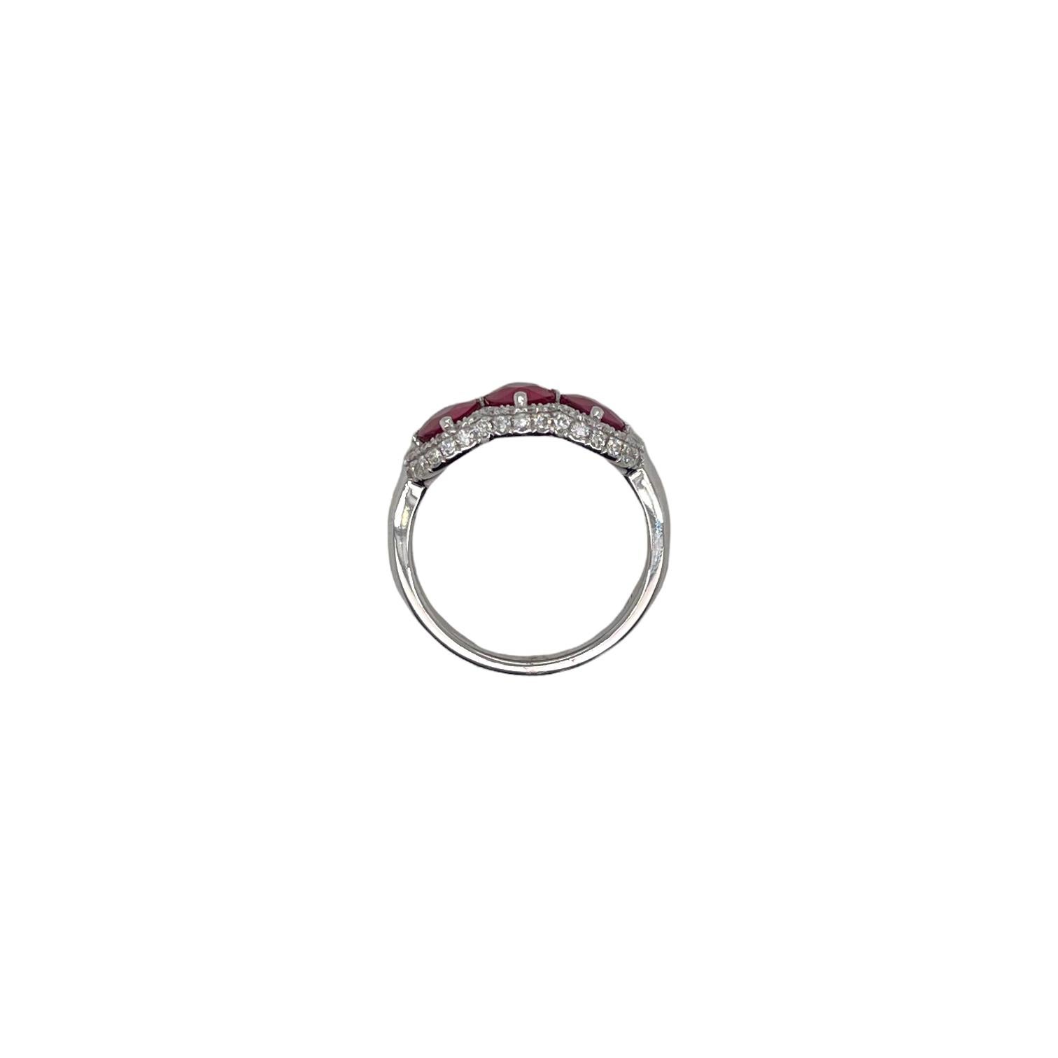 Modern Three Stone Ruby & Diamond Accent Ring in 18k White Gold For Sale