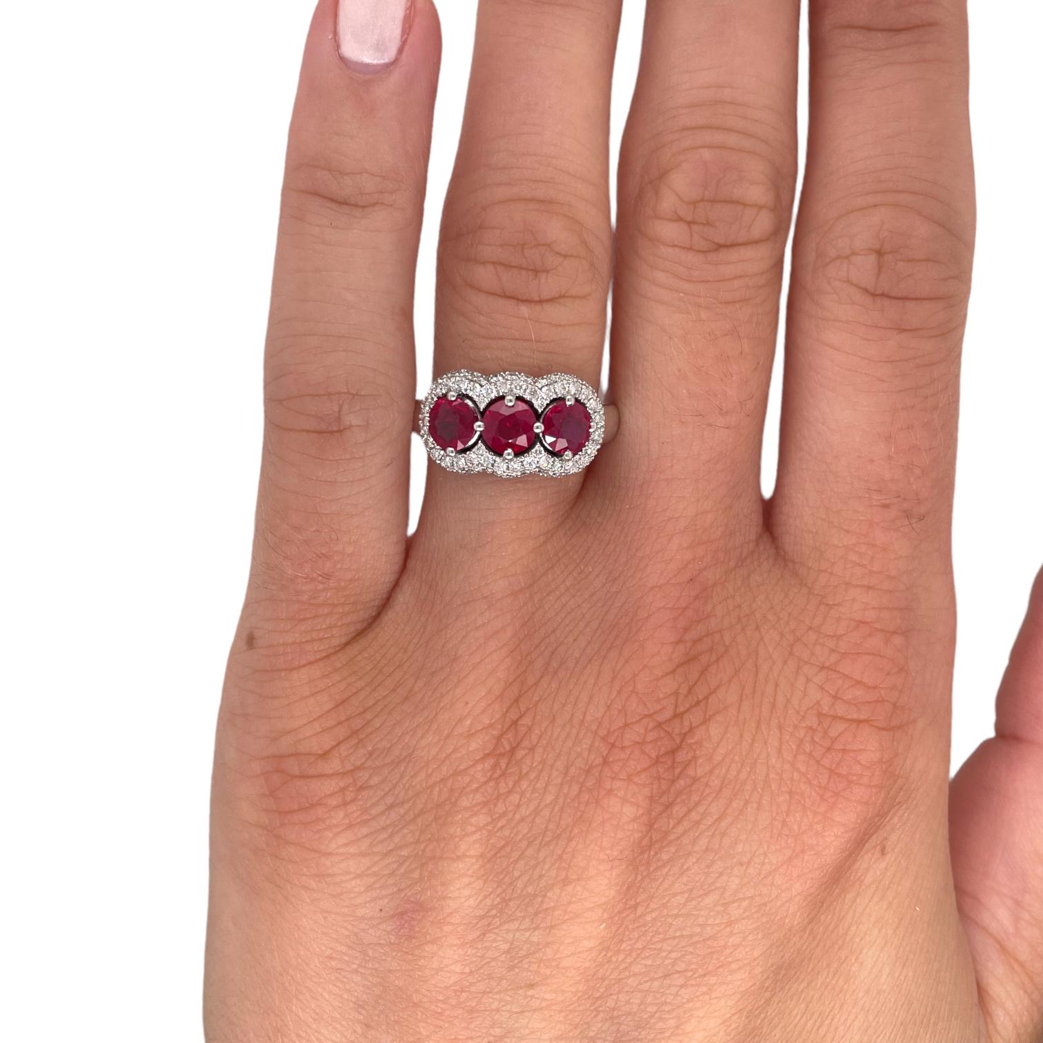 Round Cut Three Stone Ruby & Diamond Accent Ring in 18k White Gold For Sale