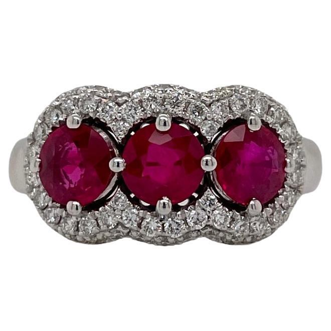 Three Stone Ruby & Diamond Accent Ring in 18k White Gold For Sale