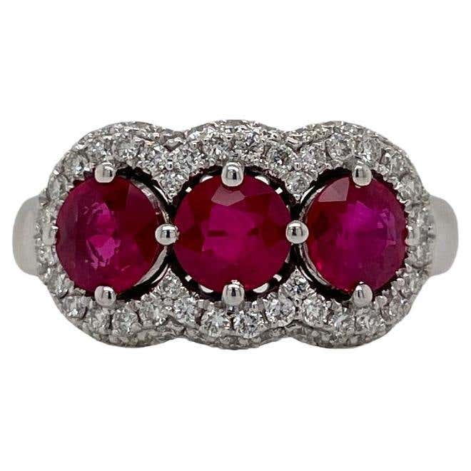 Three Stone Ruby and Diamond Accent Ring in 18k White Gold For Sale at ...