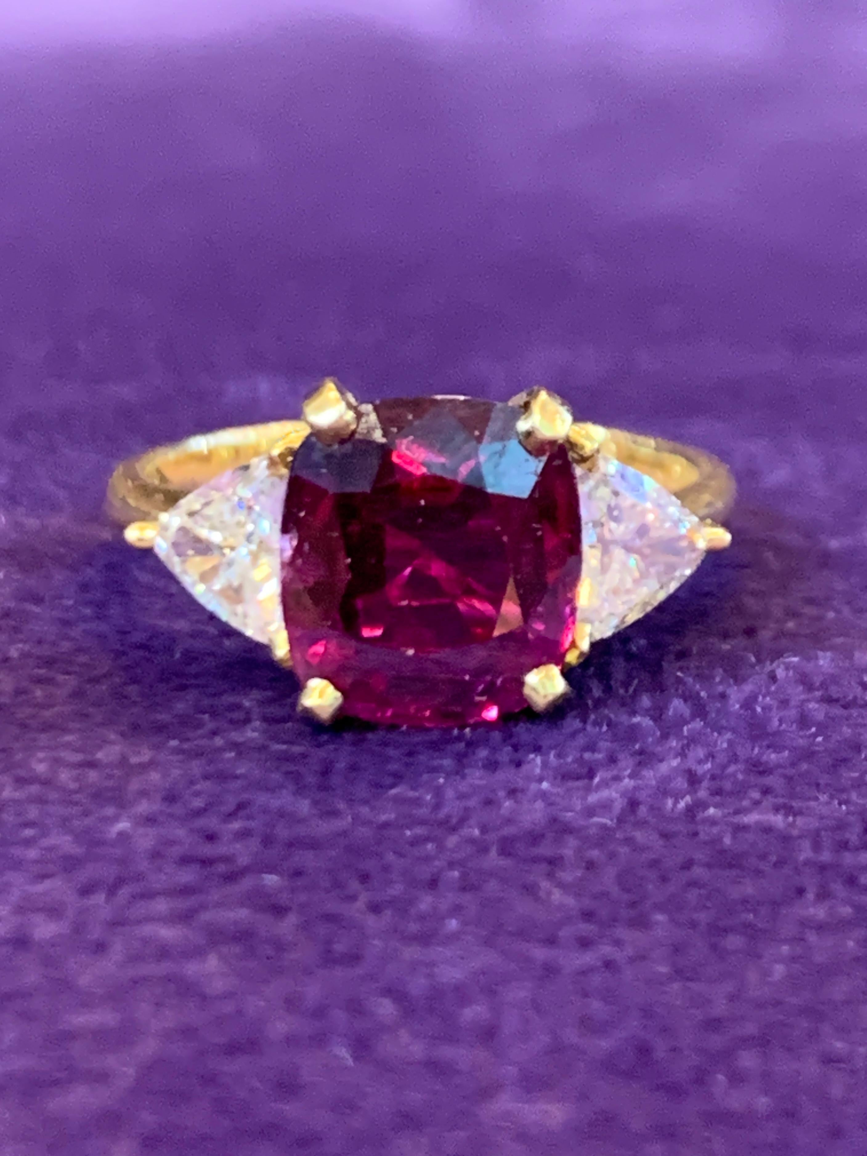 Square Cut Three Stone Ruby & Diamond Ring For Sale