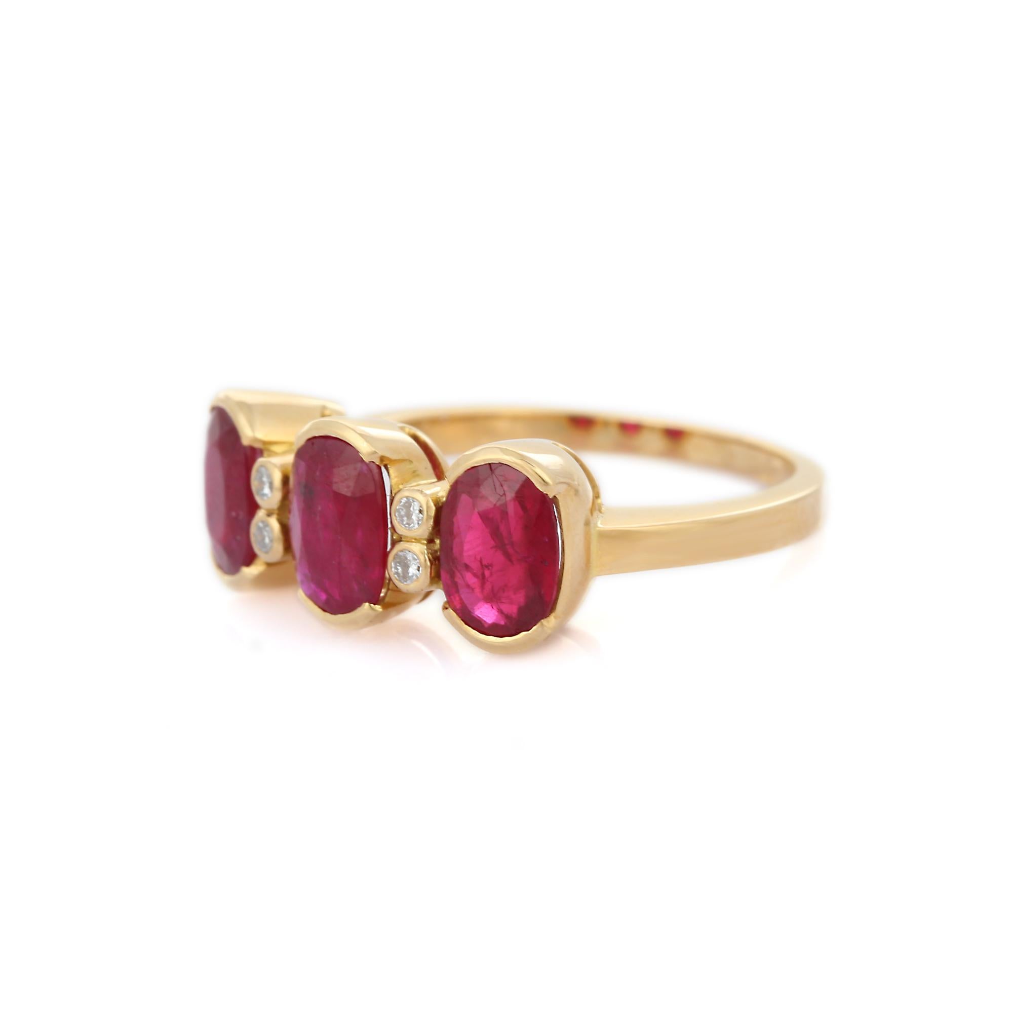 For Sale:  Three Stone Ruby Diamond Ring in 18 Karat Yellow Gold  3