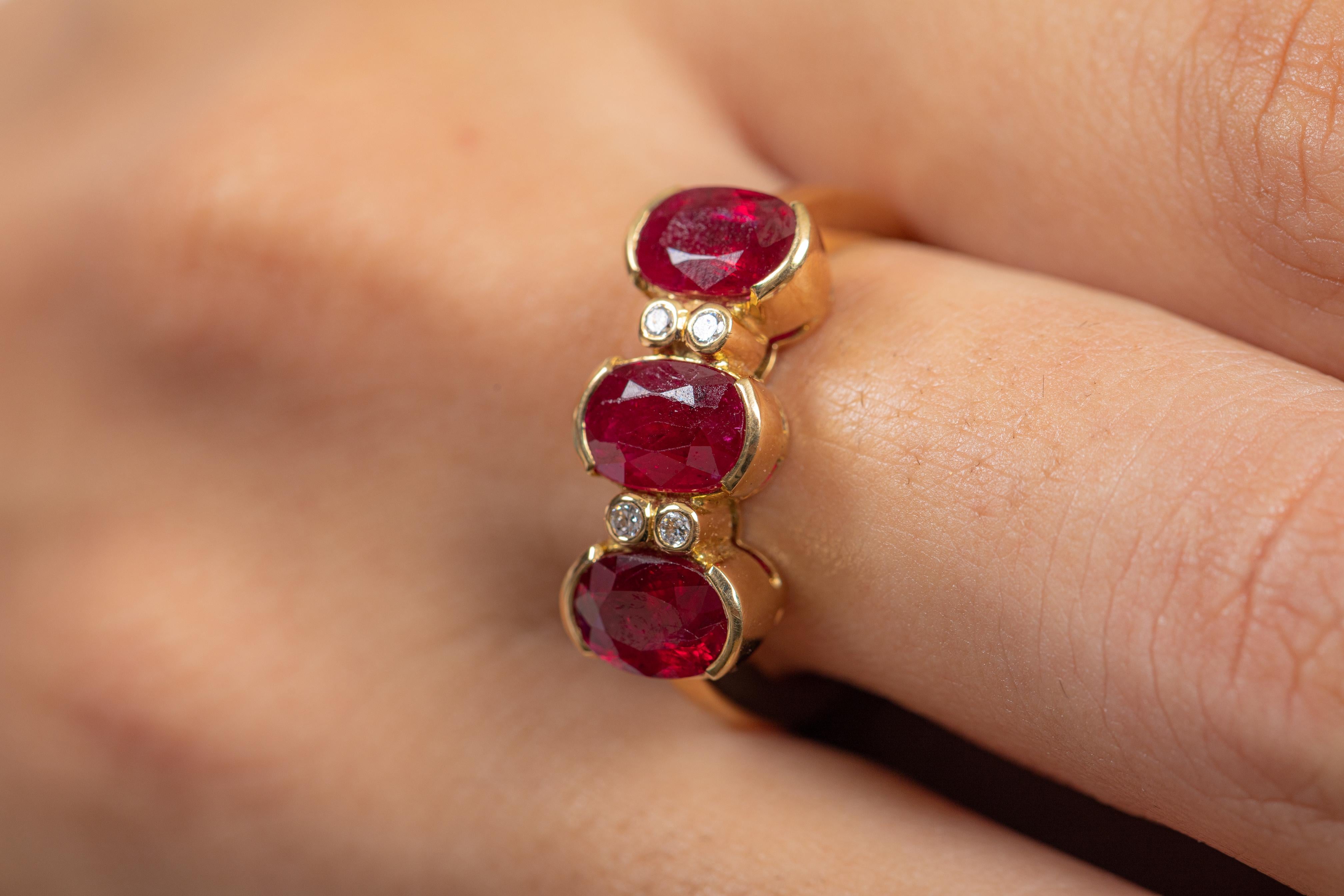 For Sale:  Three Stone Ruby Diamond Ring in 18 Karat Yellow Gold  2