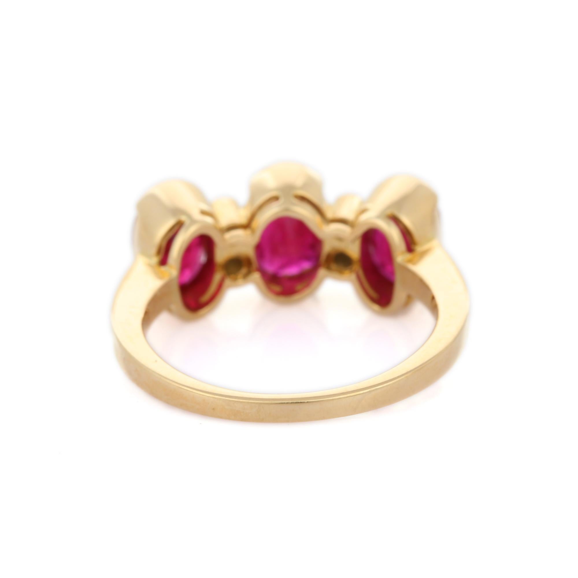 For Sale:  Three Stone Ruby Diamond Ring in 18 Karat Yellow Gold  5