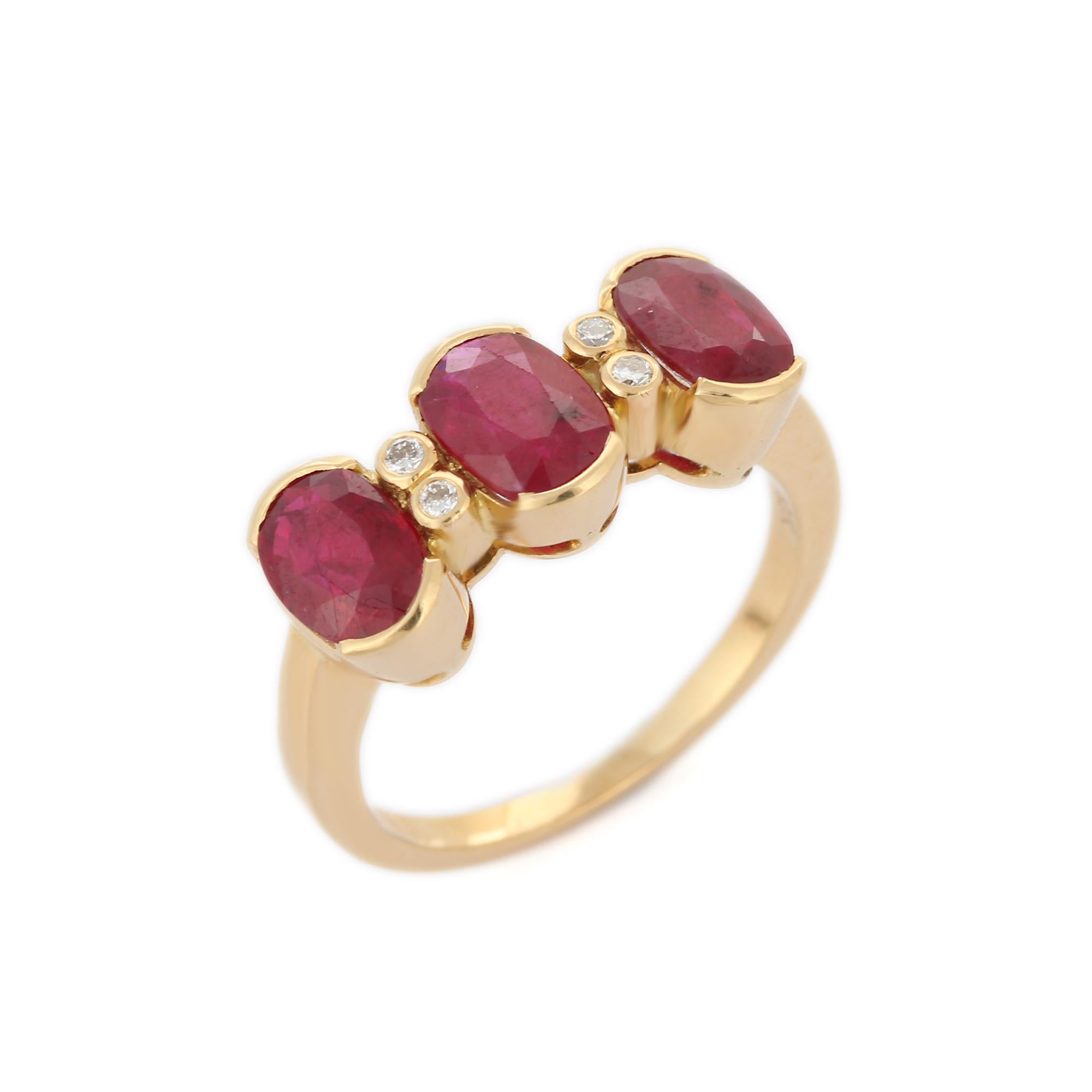 For Sale:  Three Stone Ruby Diamond Ring in 18 Karat Yellow Gold  7