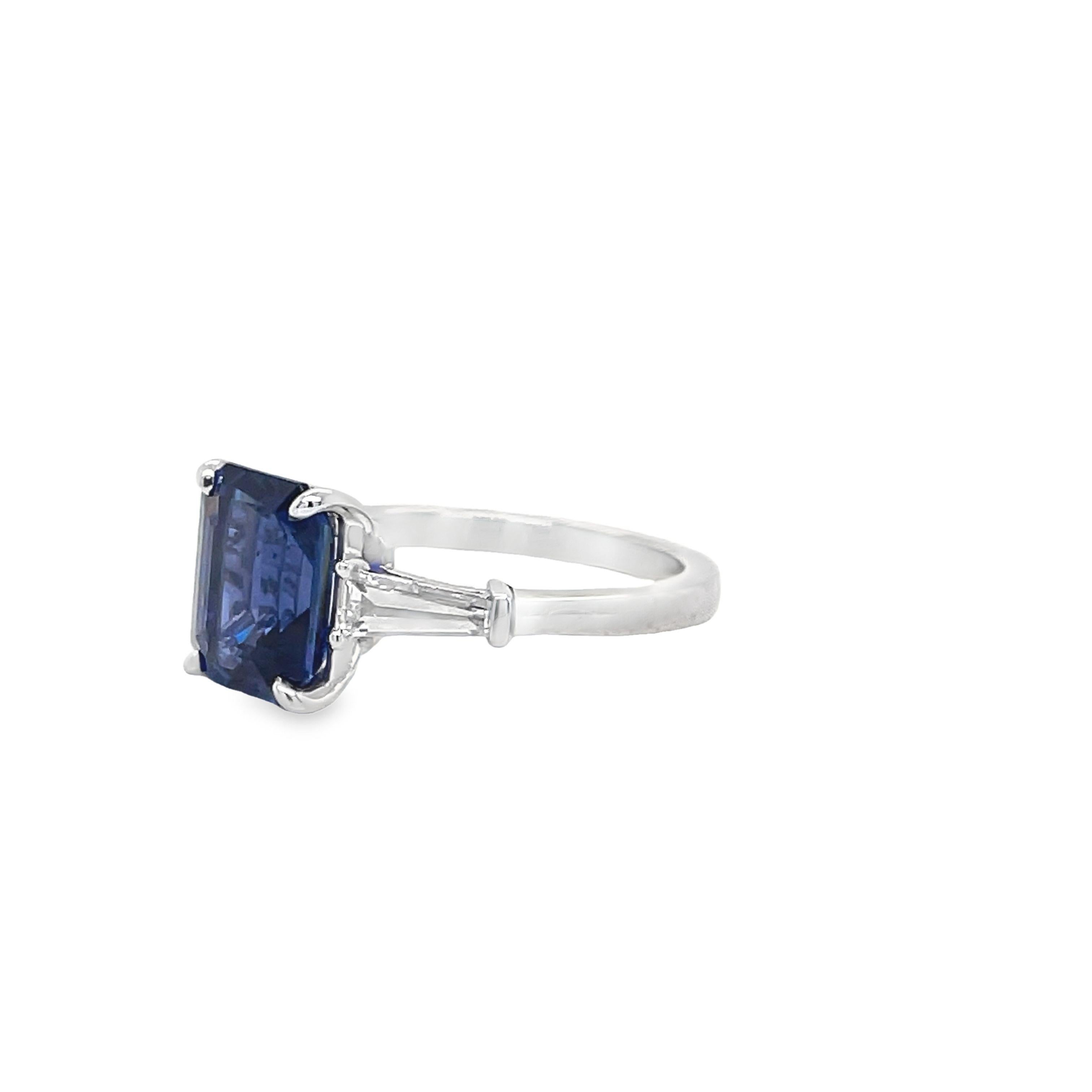 Modern Three Stone Sapphire & Diamond Baguette Ring in Platinum For Sale