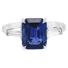Three Stone Sapphire & Diamond Baguette Ring in Platinum