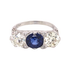 Three-Stone Sapphire Diamond Platinum Art Deco Revival Ring Fine Estate Jewelry