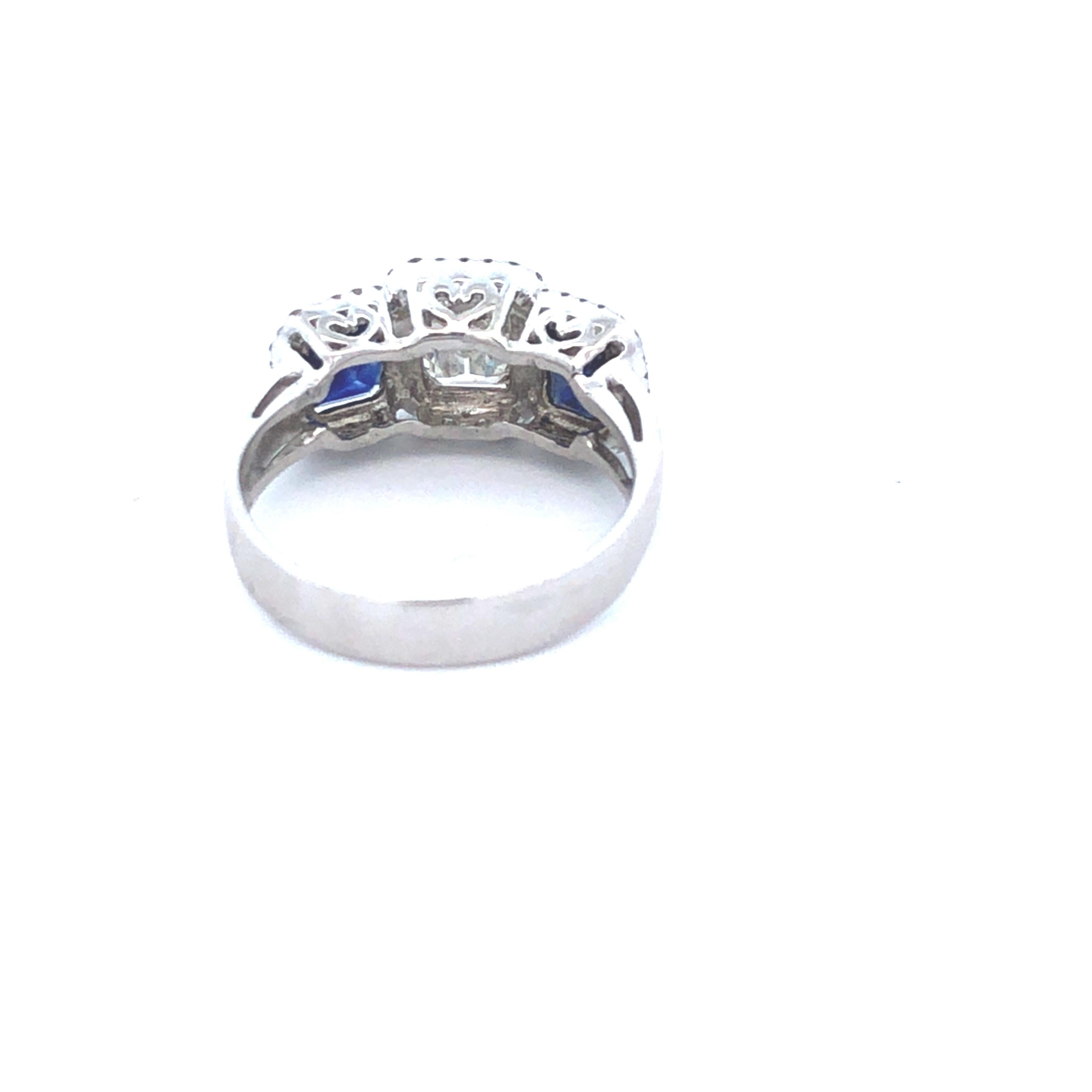 Emerald Cut Three Stone Sapphire &Diamond Ring D.50ct S1.47ct Em.90ct 18kyg For Sale