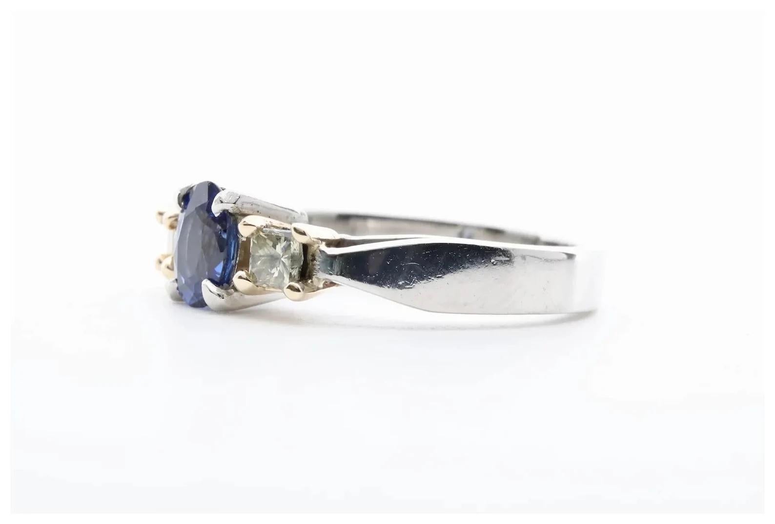 Princess Cut Three Stone Sapphire & Fancy Yellow Diamond Ring in Platinum For Sale
