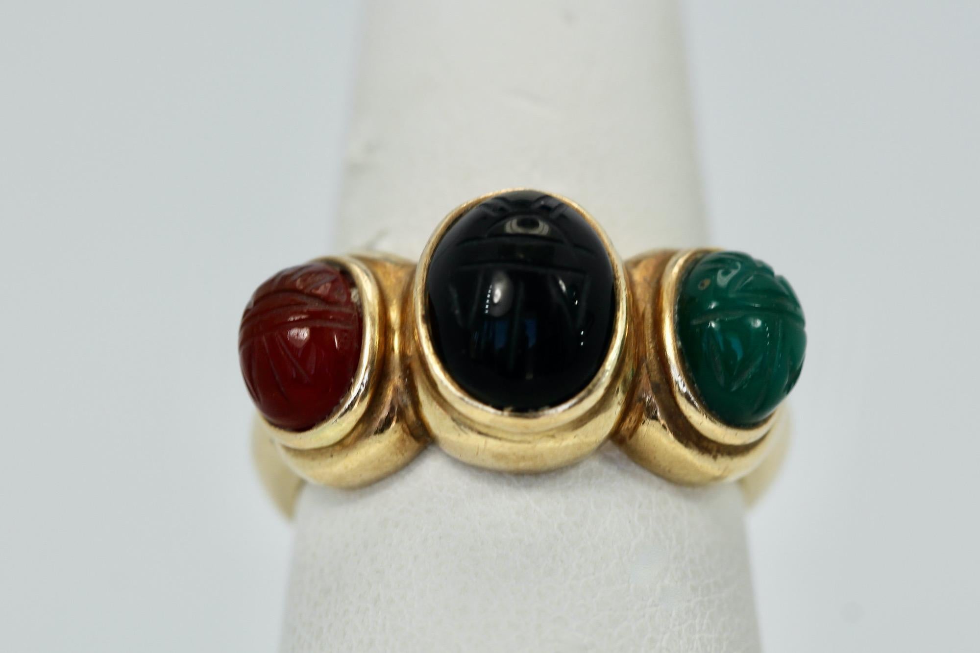 Drei Stein Skarabäus-Ring 14K für Damen oder Herren