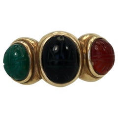 Retro Three Stone Scarab Ring 14K