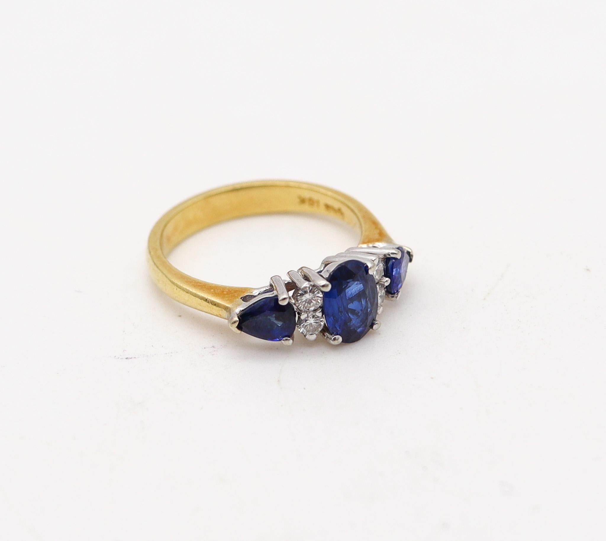 Modern Three Stone Setting Ring In 18Kt Gold With 1.87 Ctw In Sapphires And Diamonds For Sale