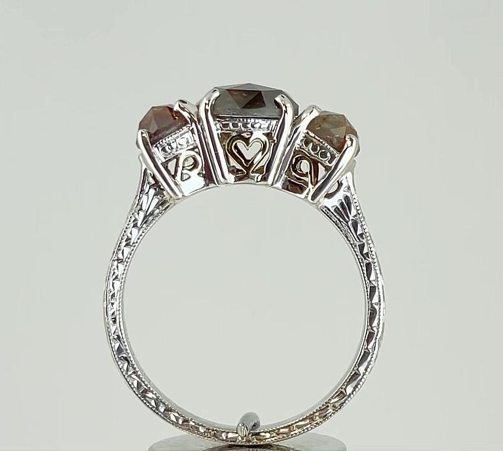 Three Stone Silver and 18 Karat Yellow Gold Rustic Diamond Ring 1 ...