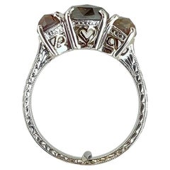 Three Stone Silver and 18 Karat Yellow Gold Rustic Diamond Ring 1.69Carat