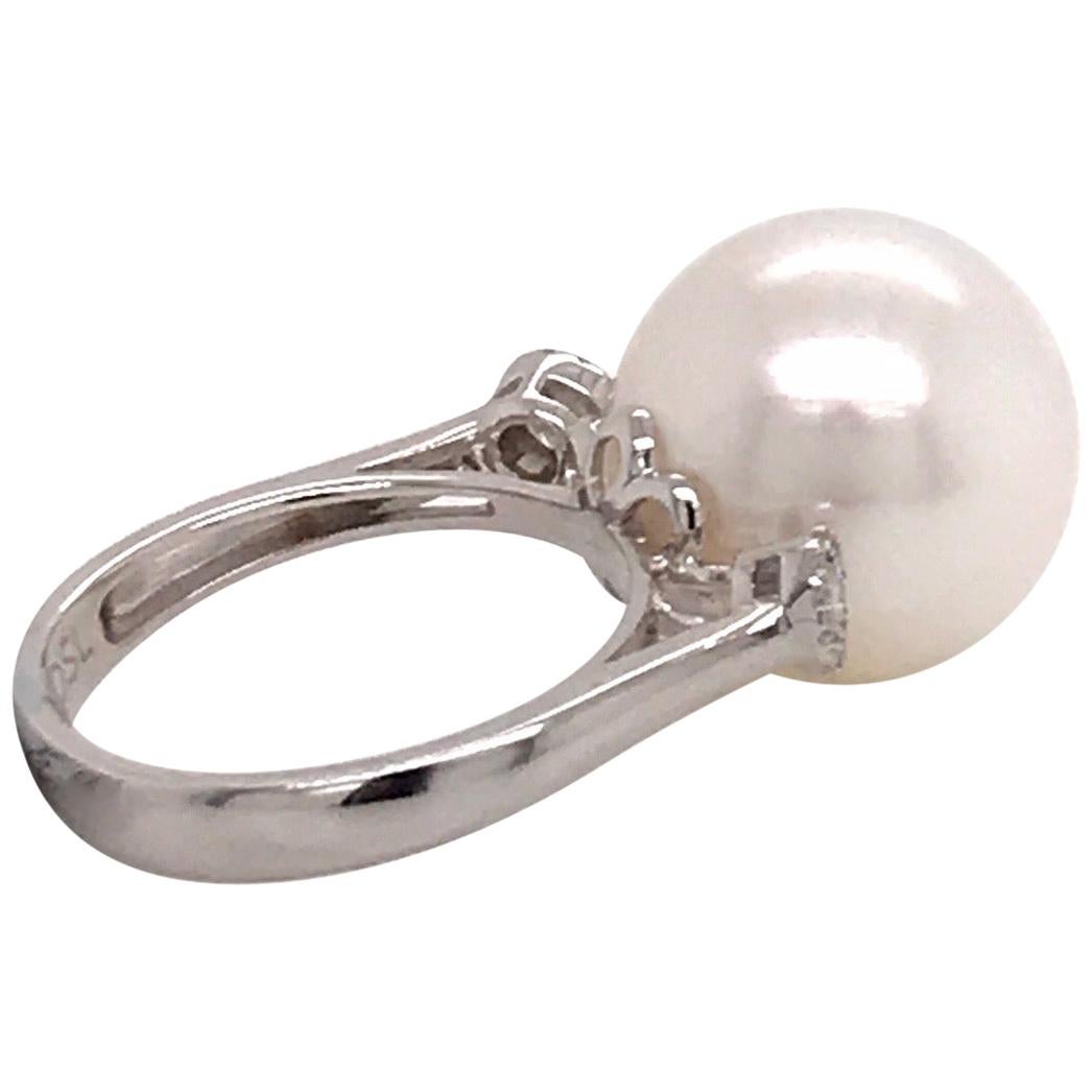 Three-Stone South Sea Pearl Diamond Ring 0.12 Carat 18 Karat White Gold For Sale